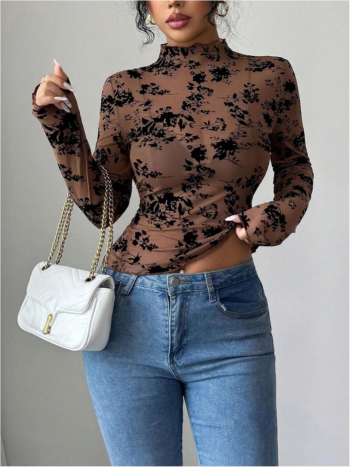 WDIRARA Women's Floral Tops Mock Neck Long Sleeve Mesh Sheer Tee Shirts Fitted Tops - Image 3