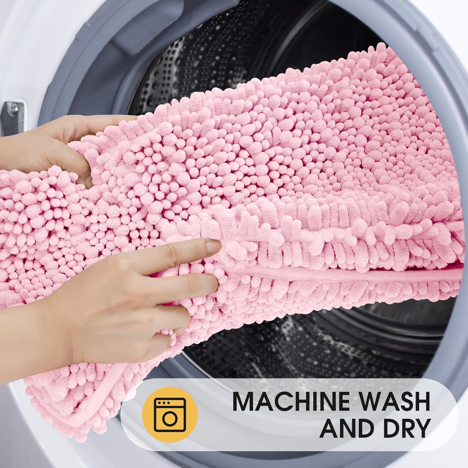 ACCUMTEK Upgrade Extra Large Pink Bathroom Rug Set 3 Pieces Ultra Soft, Thick Absorbent Bath Mats, Non Slip Chenille Toilet Mat for Bathroom, Bedroom, Kitchen