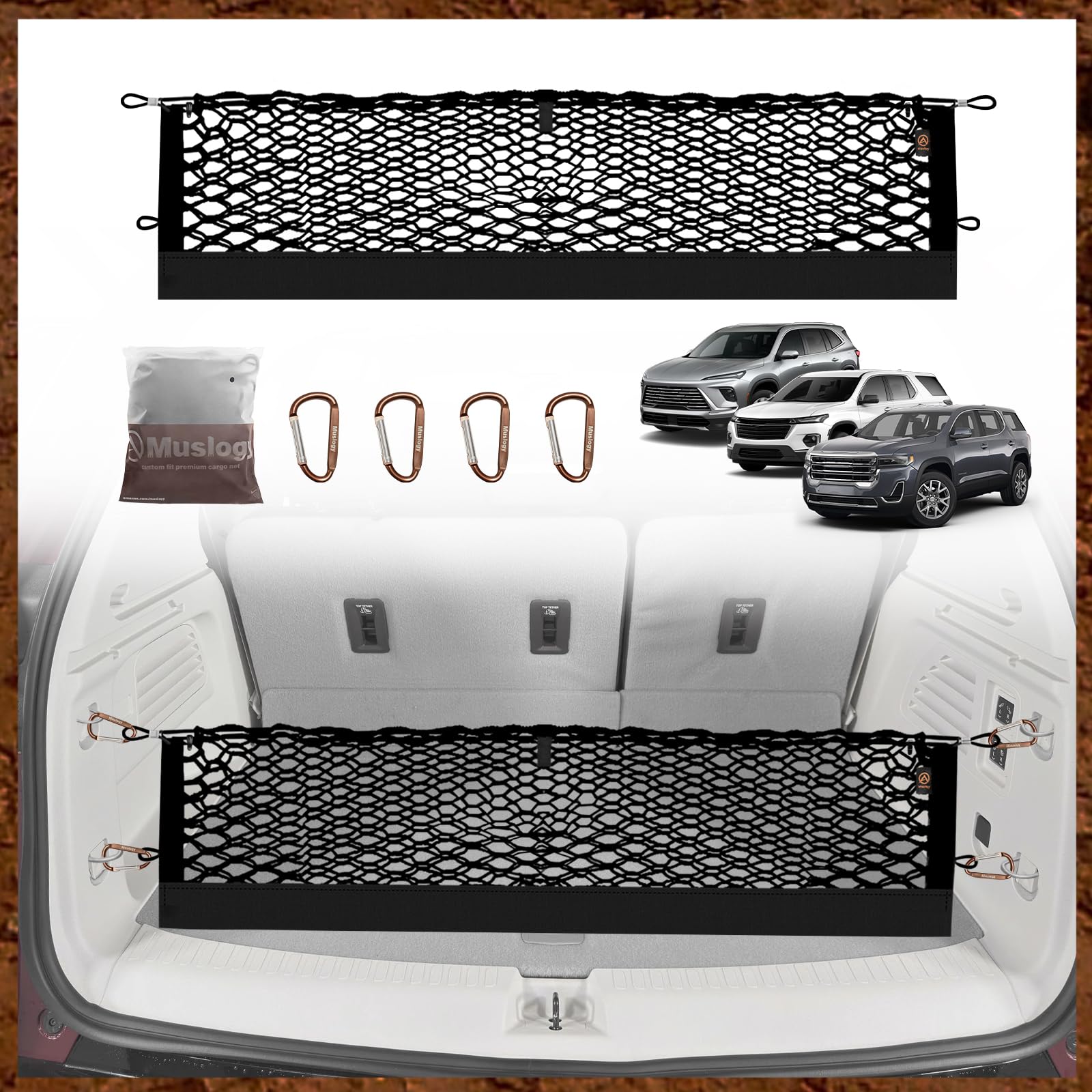 Muslogy Envelope Style Trunk Cargo Net Compatible with 2024 2025 GMC Acadia & Chevy Traverse & 2025 Buick Enclave Accessories Upgraded Mesh Storage Luggage Net with Metal Hooks
