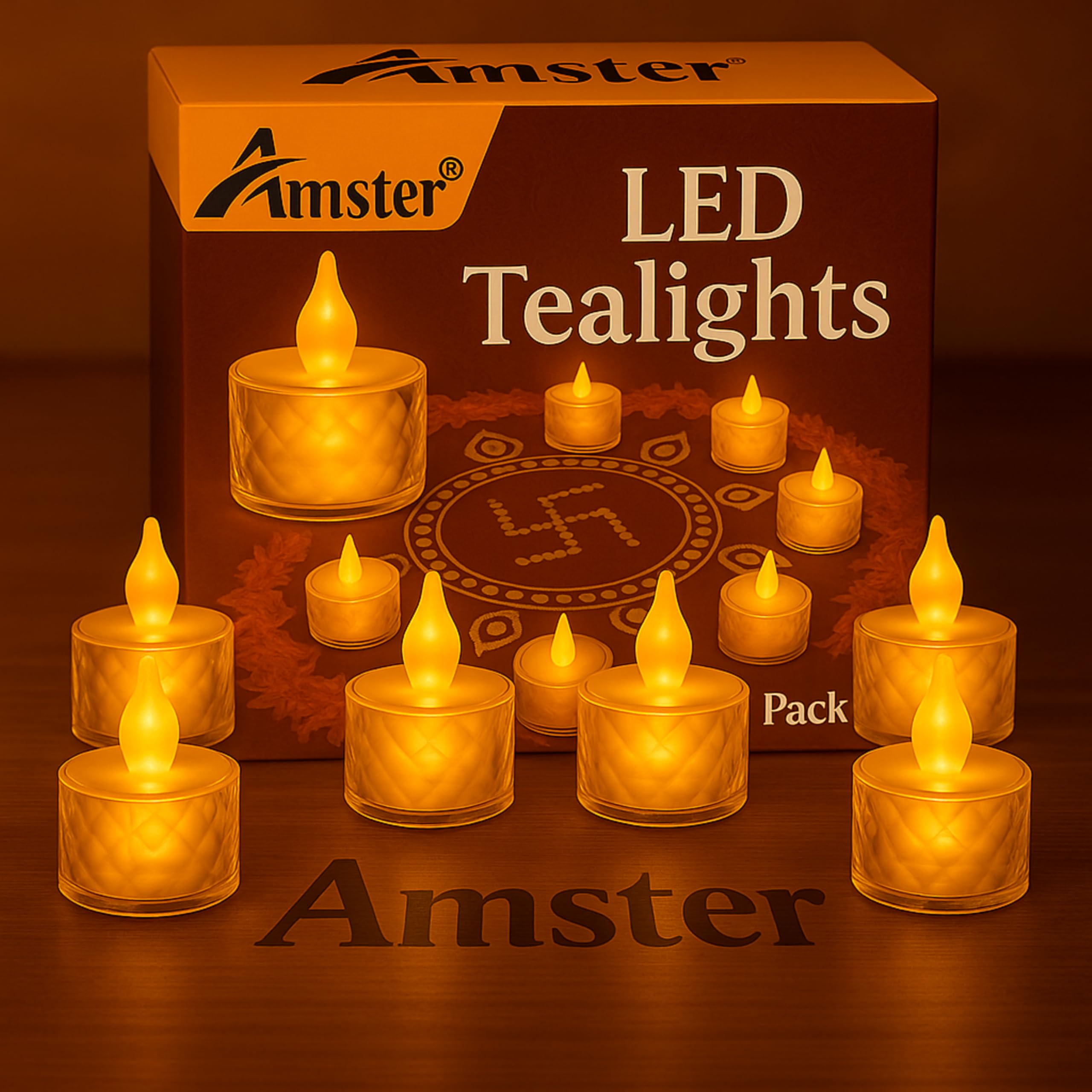 Amster LED Flameless Tealight Candles – Warm White, Battery Operated Decorative Lights for Diwali, Home & Wedding Décor – Safe, Smokeless & Reusable (Crystal LITE Candles, Pack of 6)