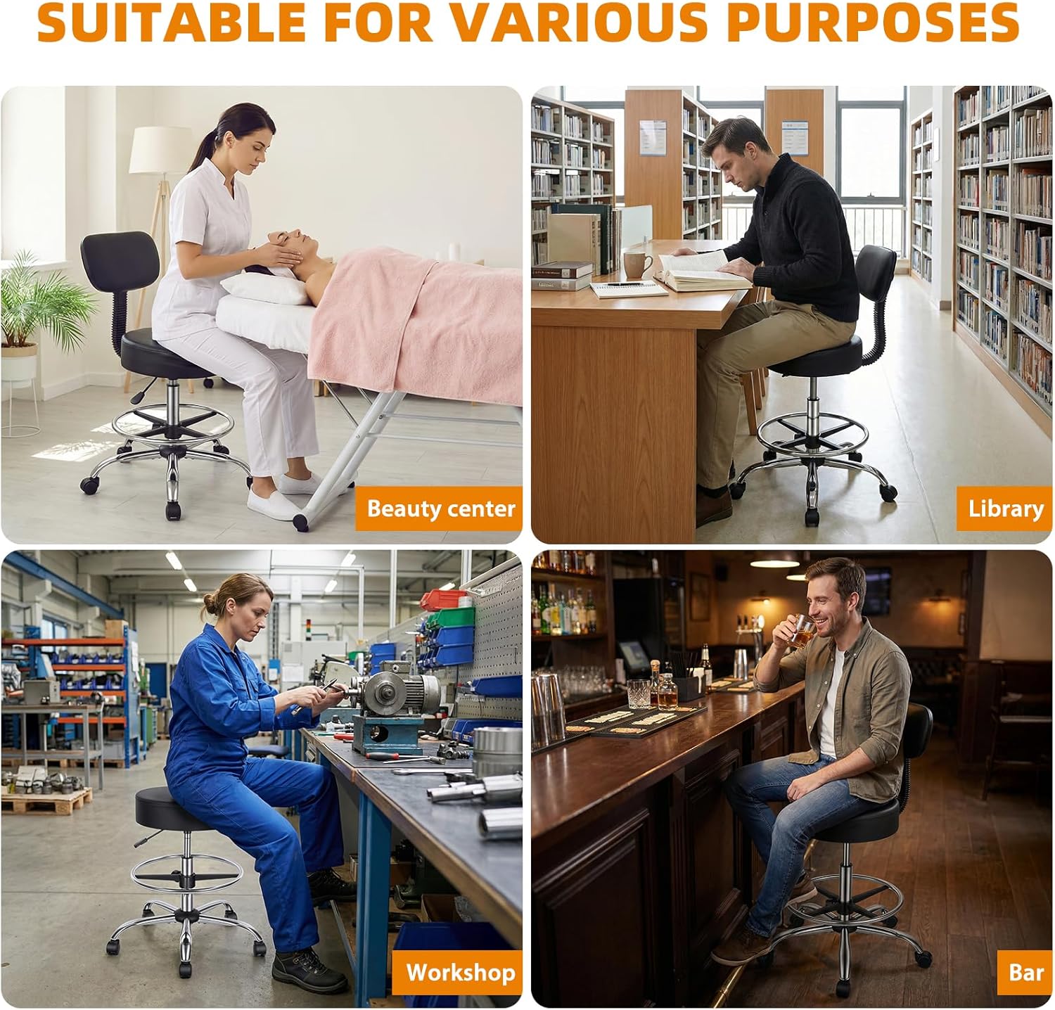 Drafting Stool with Backrest, Height Adjustable Office Desk Chair, Faux Leather Swivel Round Rolling Stool with Adjustable Foot Rest for Office Spa Studio Lab Counter Salon Home Use (Black)