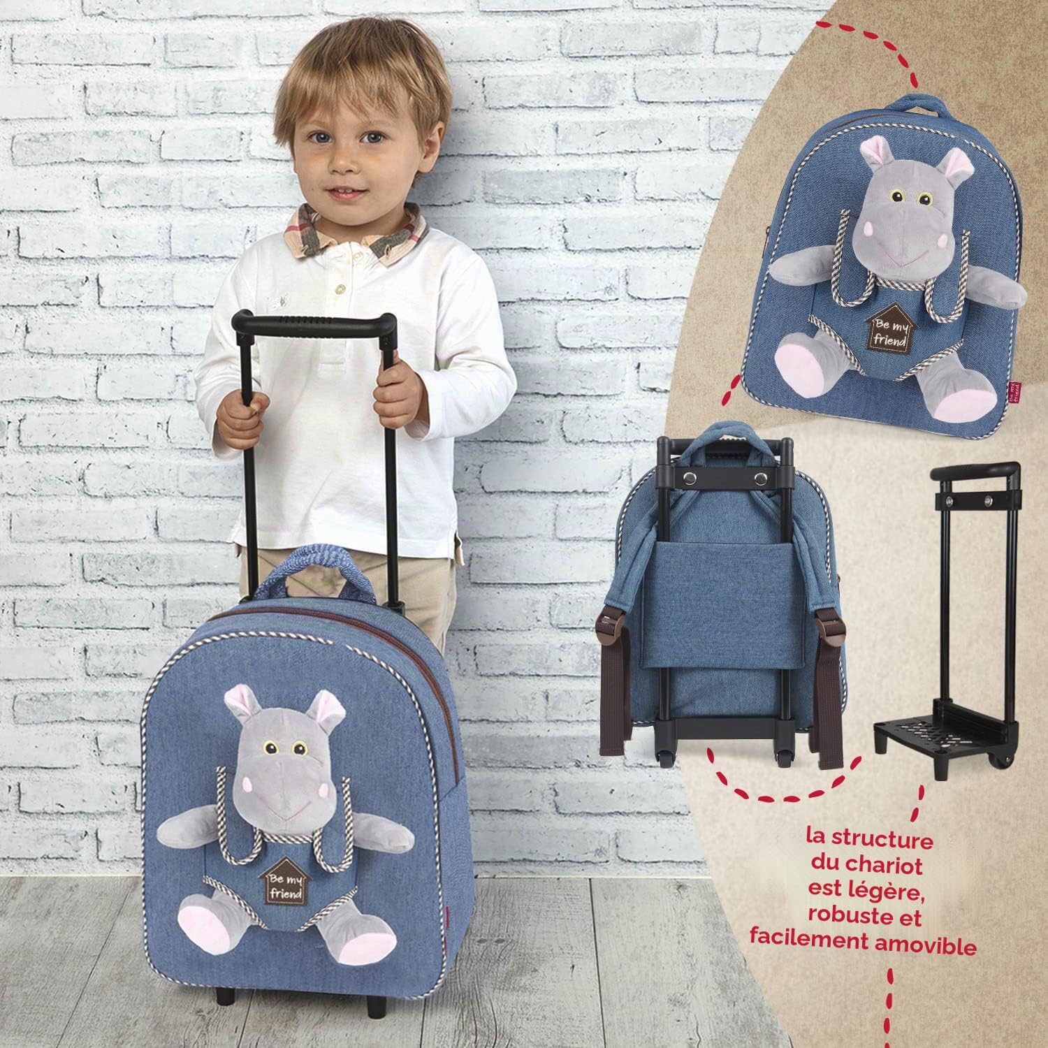 PERLETTI Sac à Roulette Scolaire Maternelle et Peluche Douce pour Enfant 3 4 5 Ans - Mini Sac à Dos avec Roues et Animal Doudou Amovible pour Fille Garçon - Sacoche Garderie avec Jouet - 29x32x11 cm