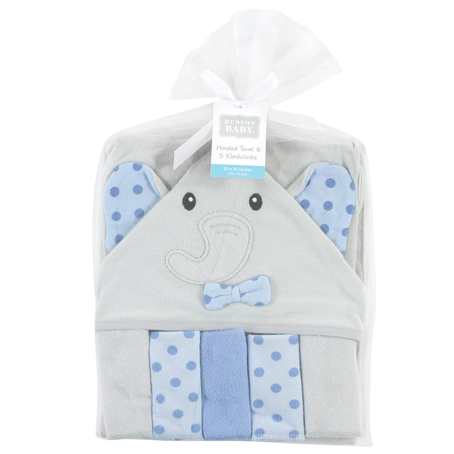 Hudson Baby Unisex Baby Hooded Towel and Five Washcloths, Blue Dots Gray Elephant, One Size - Image 2