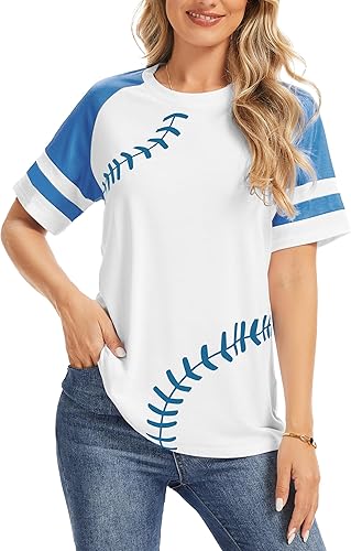 Miniatura 2 de Sunidol Camiseta de béisbol para mujer, raglán, manga corta, cuello redondo, retazos, casual, holgada, de béisbol, camisetas para mamá