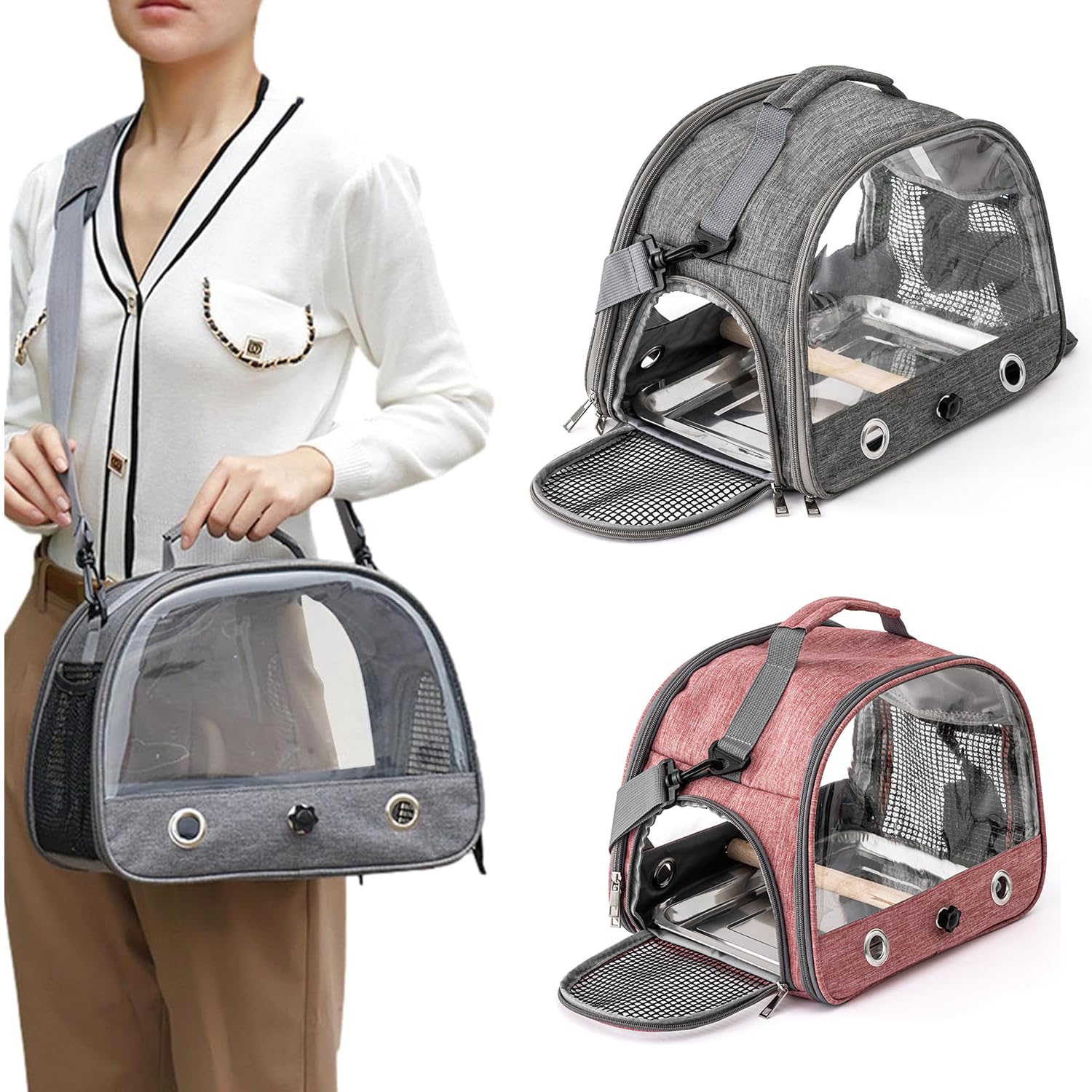 Jaula De Viaje para Pájaros con Percha Y Bandeja, Bolsa De Transporte para Pájaros, Transportador Portátil para, Bolsa De Viaje para Loros, para Periquitos y Loros Pequeños, Rosa