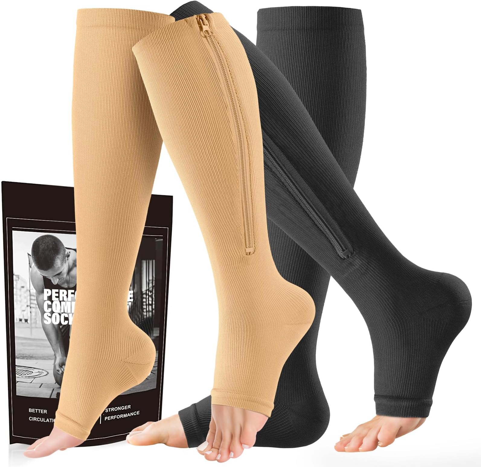 Zipper Compression Socks - 2 Pairs Open Toe Compression Stockings for Men Women 15-20mmHg,Suit for Running, Sport