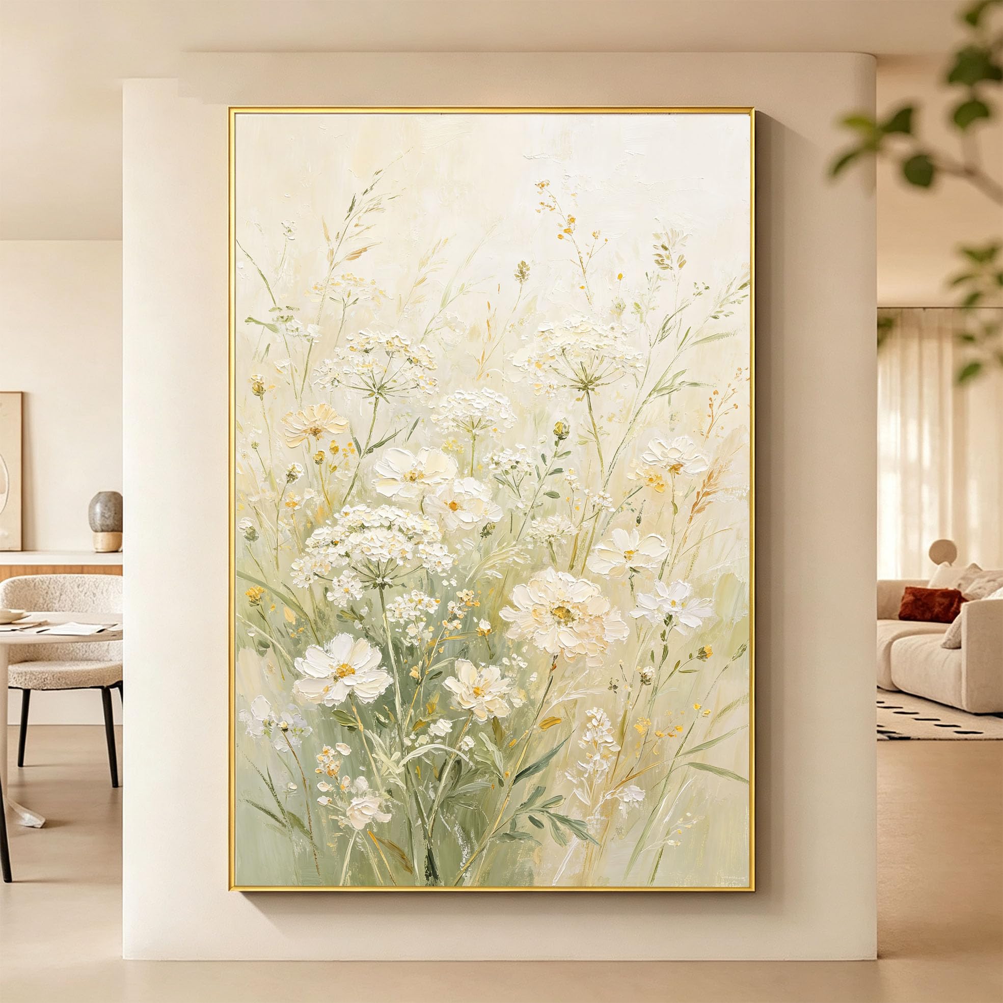 100% Handgemaltes Florales Ölgemälde, Weiße Gänseblümchen, Leinwandbild, Rahmenlos, Abstraktes Blumenmotiv Für Wohnzimmerdekoration, 100 X 160 Cm (39,4 X 63 Zoll)