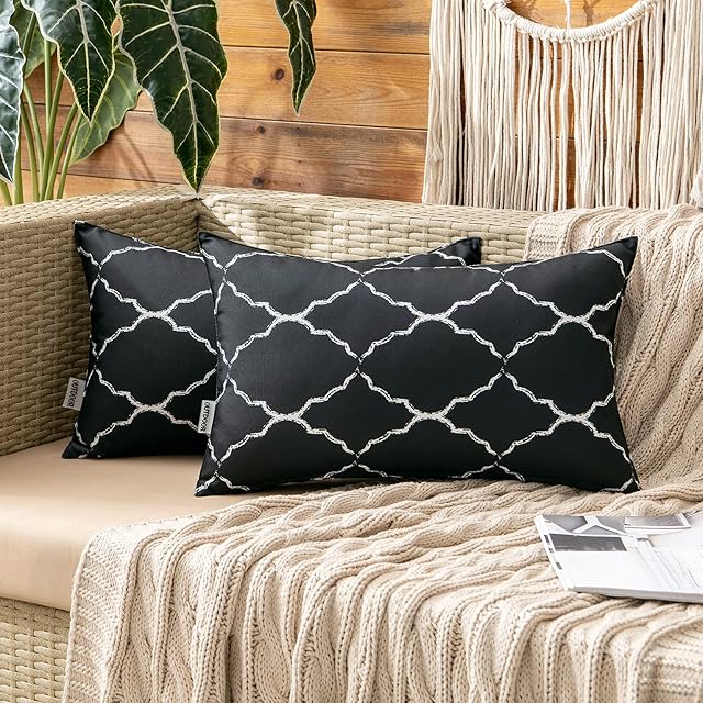 MIULEE Outdoor Cushion Cover Morocco Decorative Waterproof Throw Pillow Cover Square Modern Pillow Case for Garden Sofa Living Room Decoration 12 x 20 Inch 30 x 50 cm Black Pack of 2