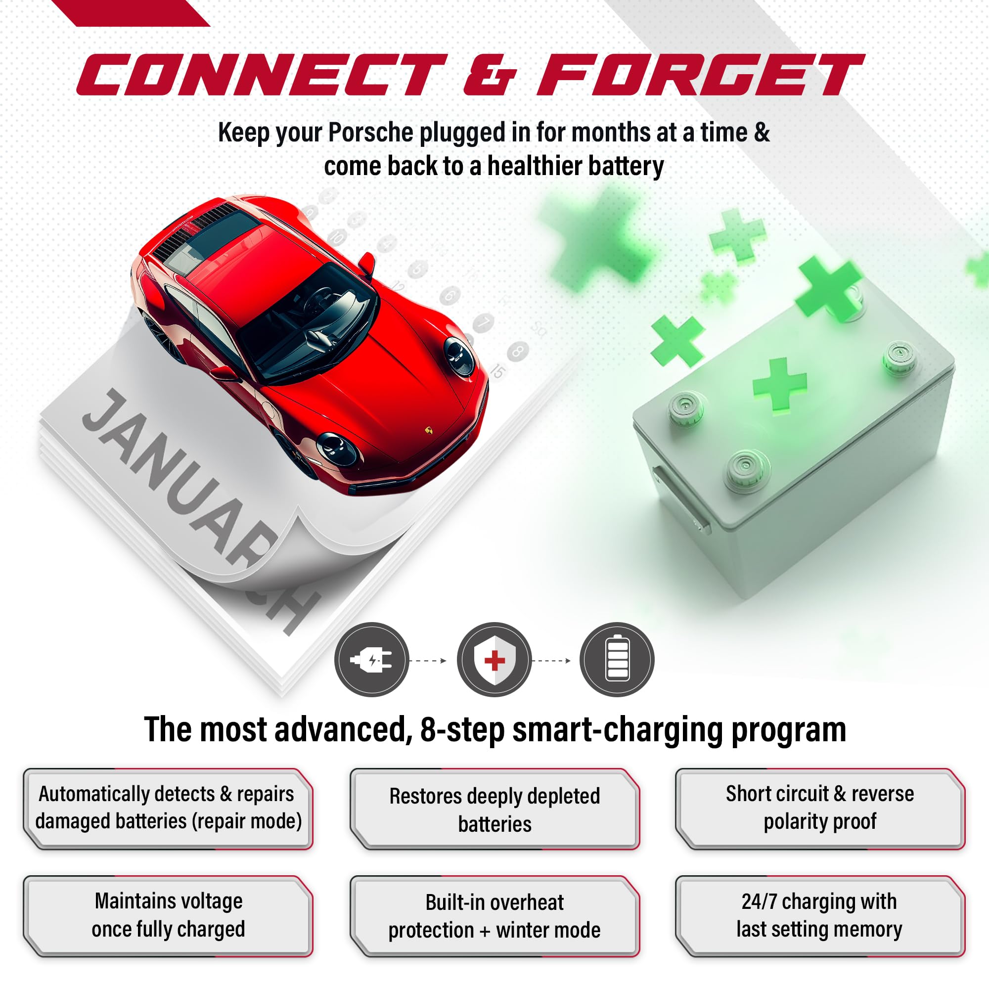 JMR Battery Charger for Porsche 911 Panamera Cayenne Macan Cayman 718 Boxter All Models Trickle Charger Conditioner Maintainer (Add Lithium Mode)