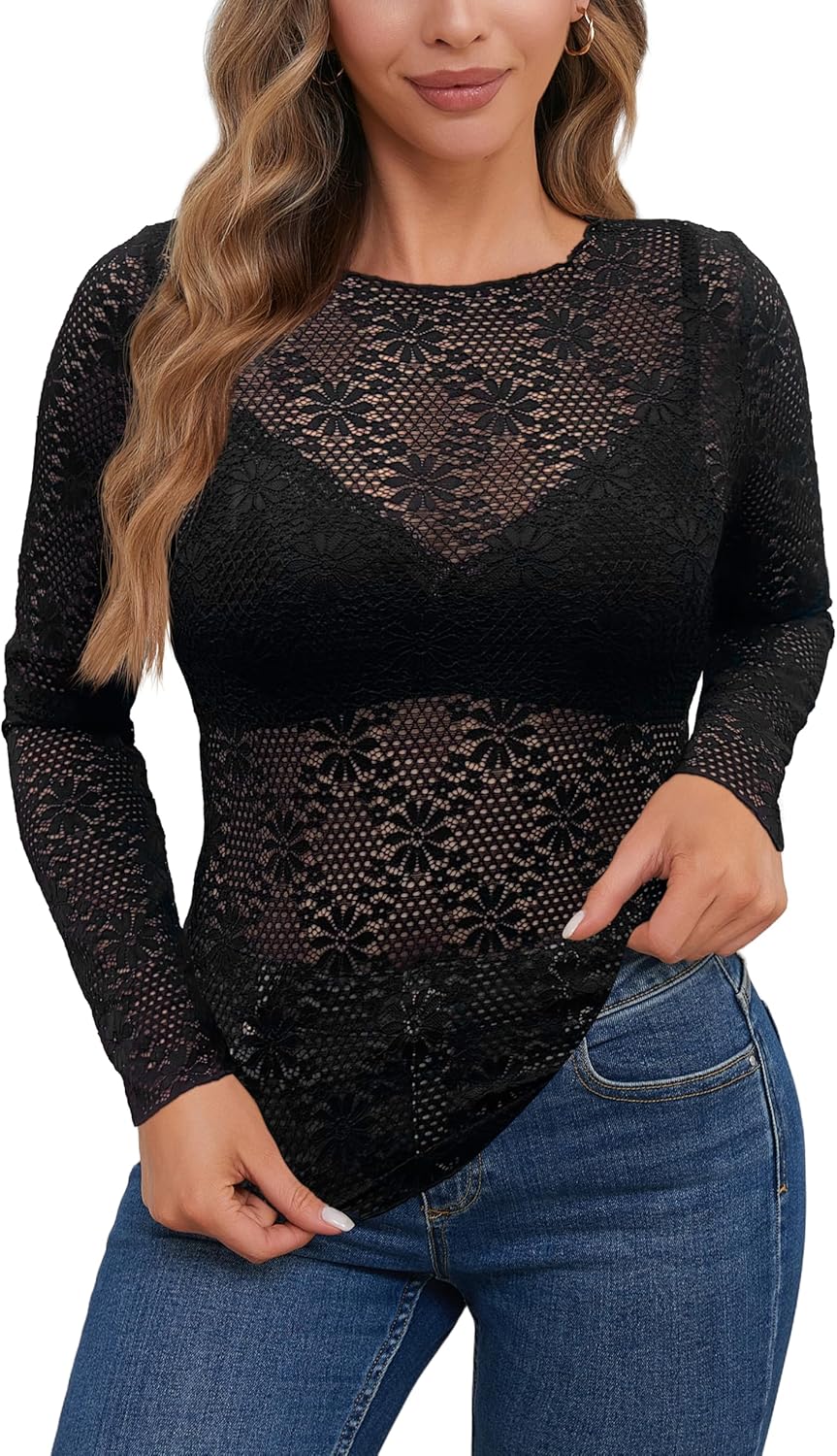 AISEW Womens Lace Floral Long Sleeve Mesh Tops Round Neck Sheer Blouse Sexy See Through Layering Top Shirts - Image 2