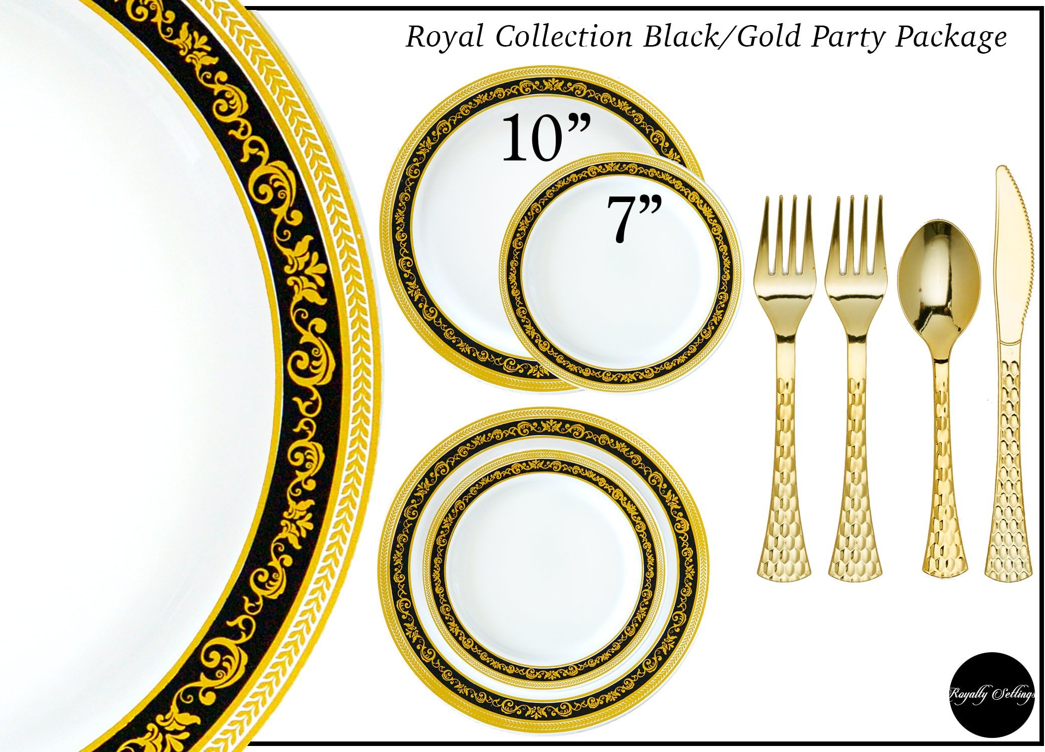 Royal Collection Disposable Plastic Plates for Parties for 80 Persons, Includes 80 Dinner Plates, 80 Salad Plates, 160 Forks, 80 Spoons, 80 Knives, Black and Gold Rim