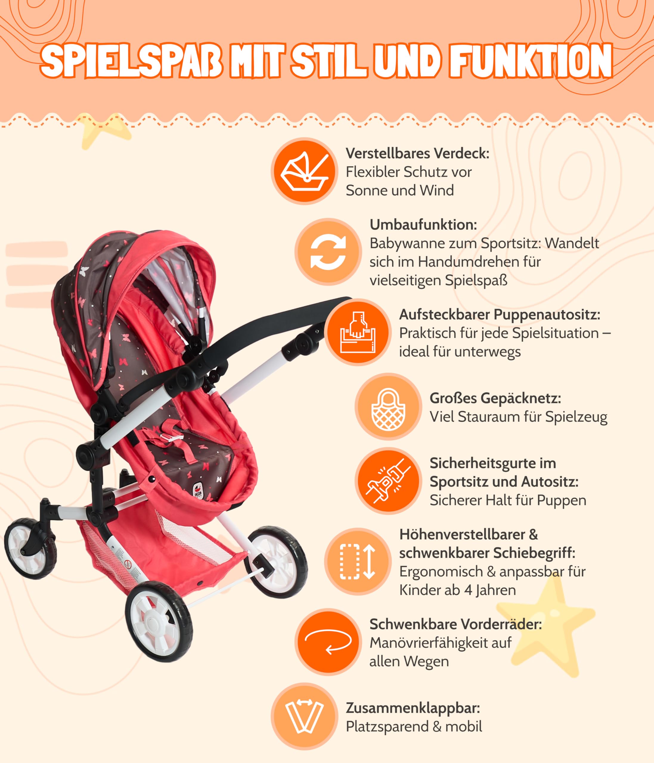 Bayer Chic 2000 Poussette poupée 3 en 1 Linus Pliable réglable | Set 3 en 1 avec nacelle transformable et siège auto, poignée réglable de 47 à 78 cm.
