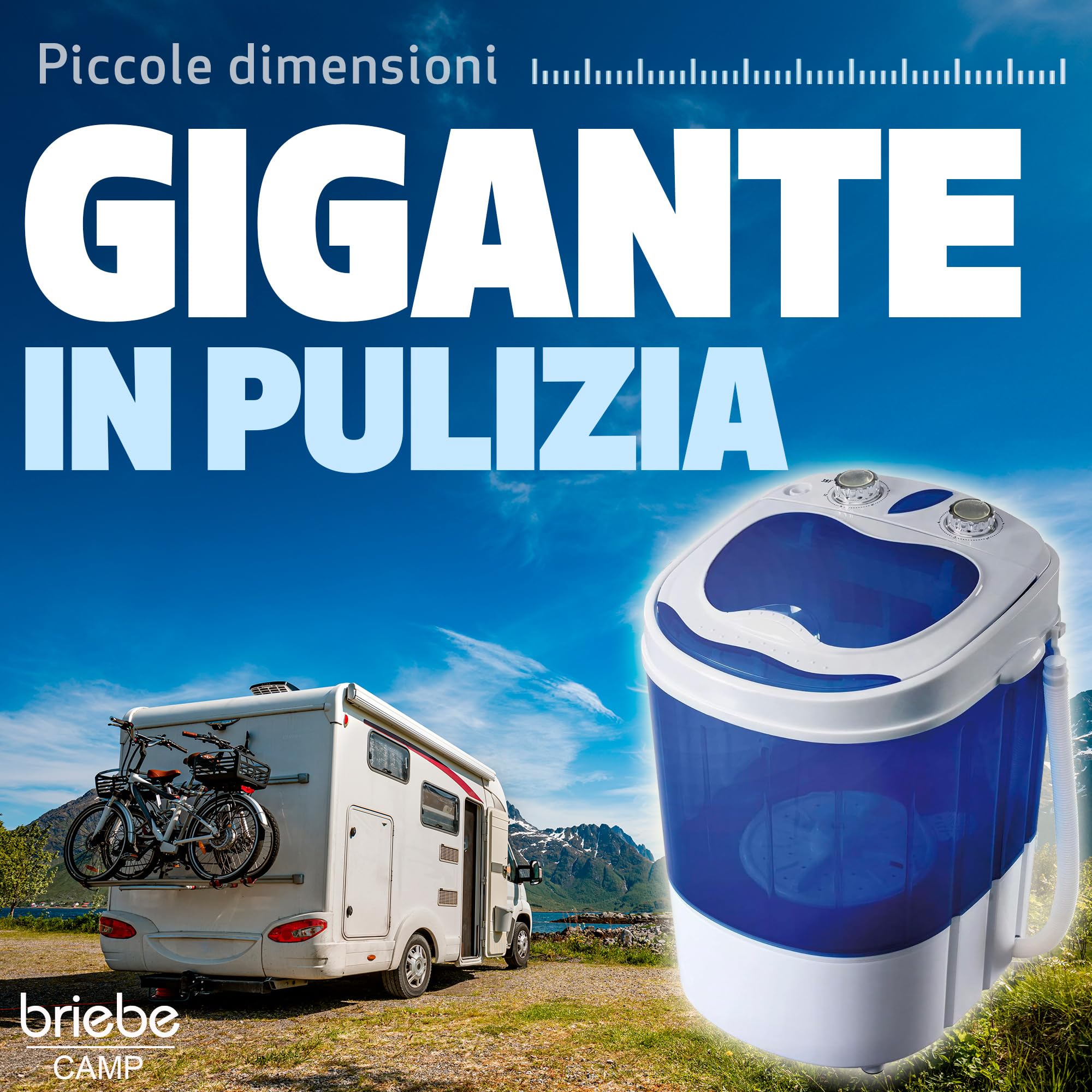 Briebe Camp Mini Lavatrice Portatile Con Centrifuga, Campeggio, Capacità Abbigliamento 3Kg, Ideale Viaggi e Camper, Carico Superiore, Basso Consumo Acqua ed Energia, WM1111