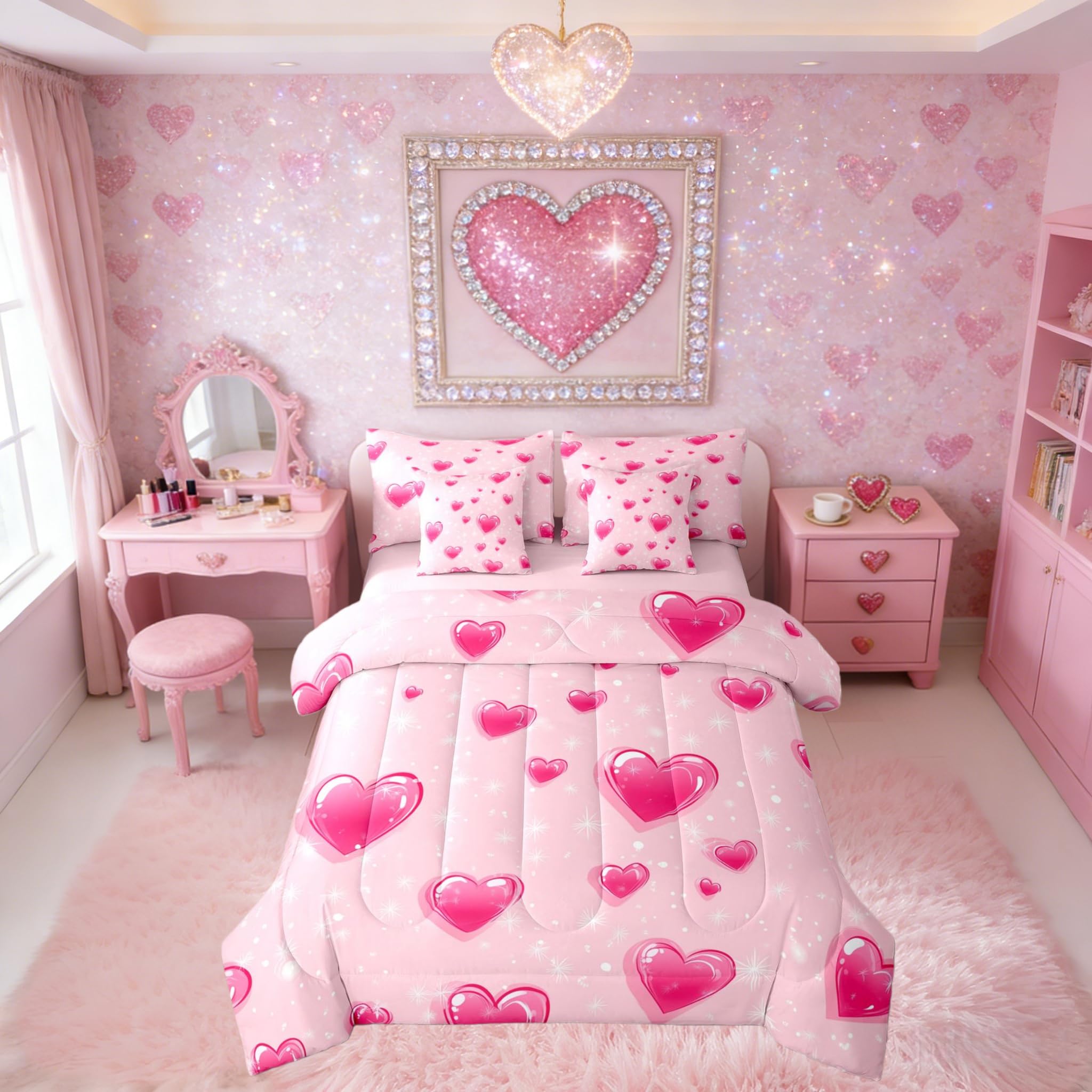 Erosebridal Love King Comforter Set with Sheets 7 Piece Romantic Valentine Day Bed in A Bag Kawaii Heart Shaped Geometric Bedding Sets for Kids Girls Teens Women,Shiny Love Heart Bed Set