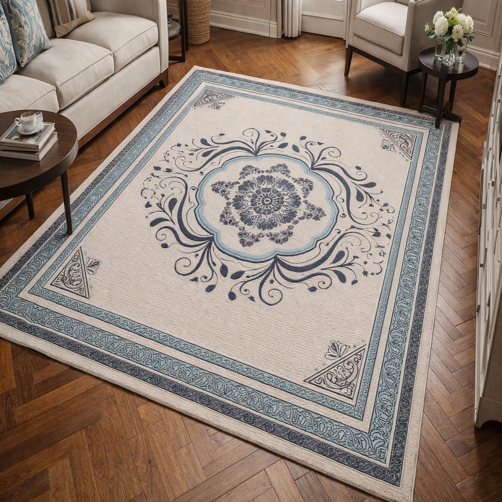 Tapis de salon chambre florale vintage beige et bleu 120x200 pour la maison