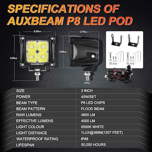 Miniatura 9 de Auxbeam Cápsulas LED de 3 pulgadas con cubiertas protectoras negras, módulos de luz de inundación, barra de luz cuadrada todoterreno, luces