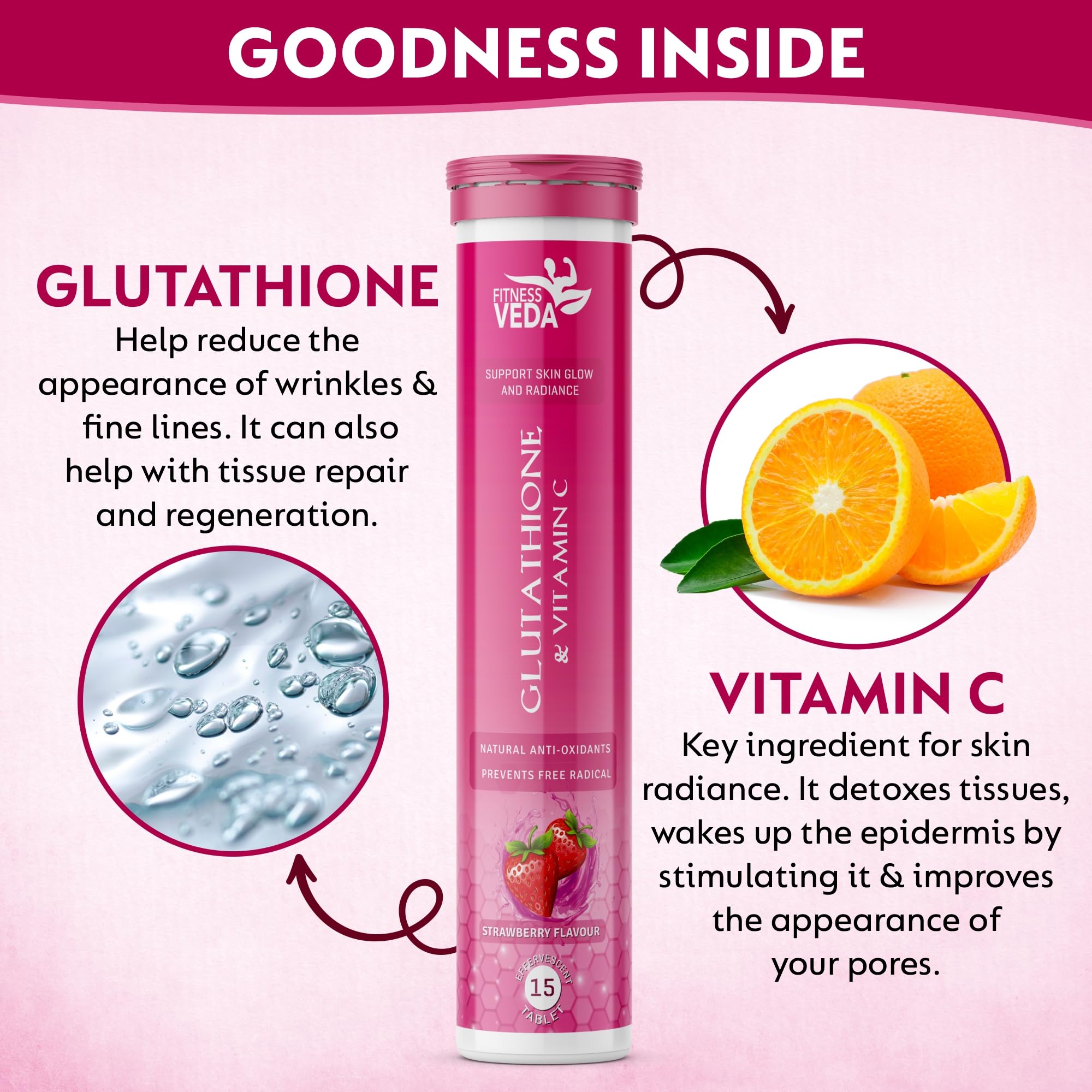 Fitness Veda Glutathione & Vitamin C Effervescent Tablets for Clear, Glowing & Youthful Skin | 600mg L-Glutathione & Vitamin C Antioxidant | Pack of 1-15 Tablets — Amazon image 6