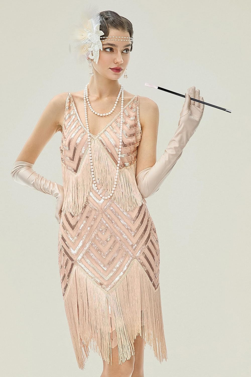 BABEYOND 1920s Flapper Accessories Gatsby Costume Accessories Set 20s Flapper Headband Pearl Necklace Gloves Plastic Holder - Image 2