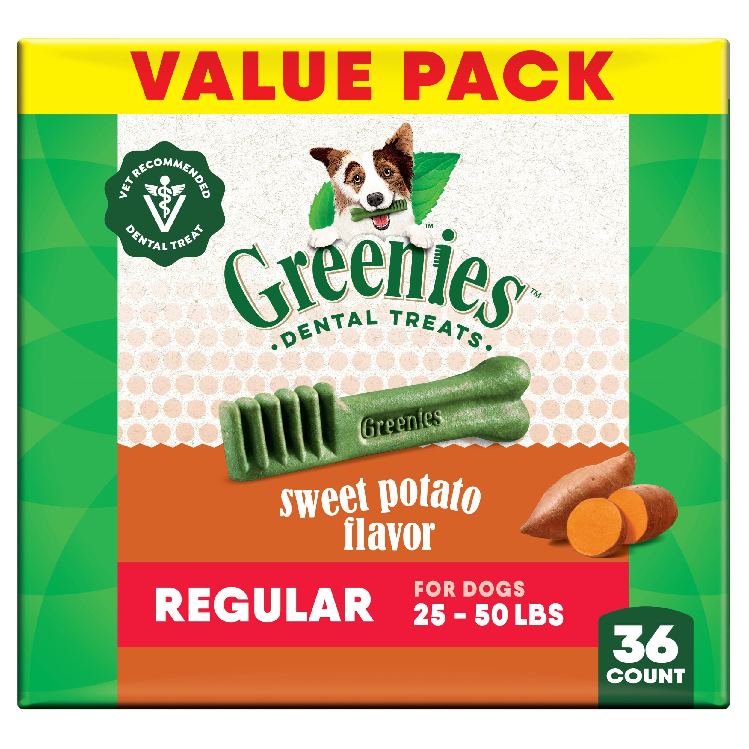 Greenies Regular Natural Dog Dental Treats, Sweet Potato Flavor, 36 oz. Pack (36 Treats)