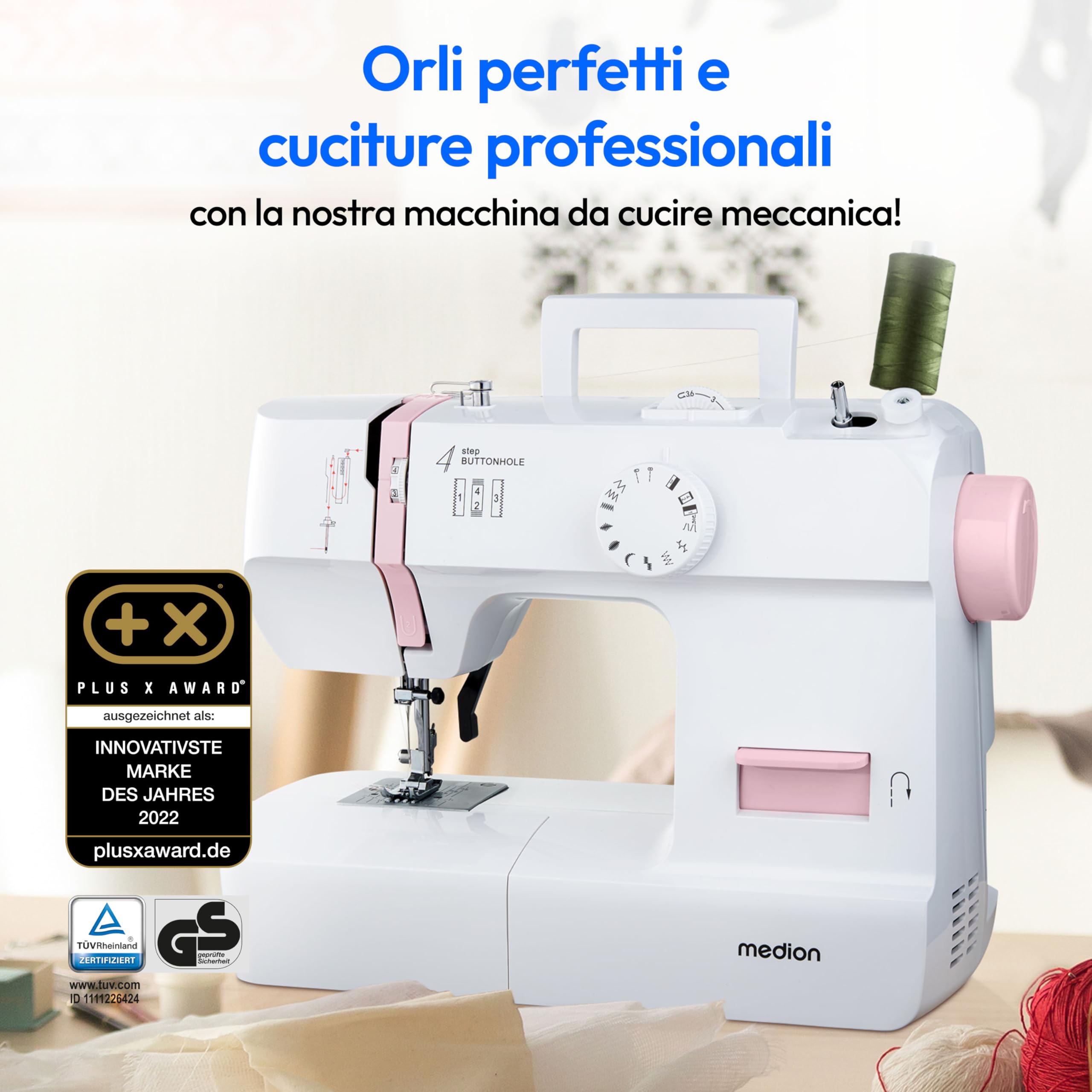MEDION Macchina per cucire SM70 (70 watt, 12 diversi modelli di punto, luce di cucitura a LED, lunghezza del punto regolabile, pulsante di inversione, tagliafilo, MD11179) rosa
