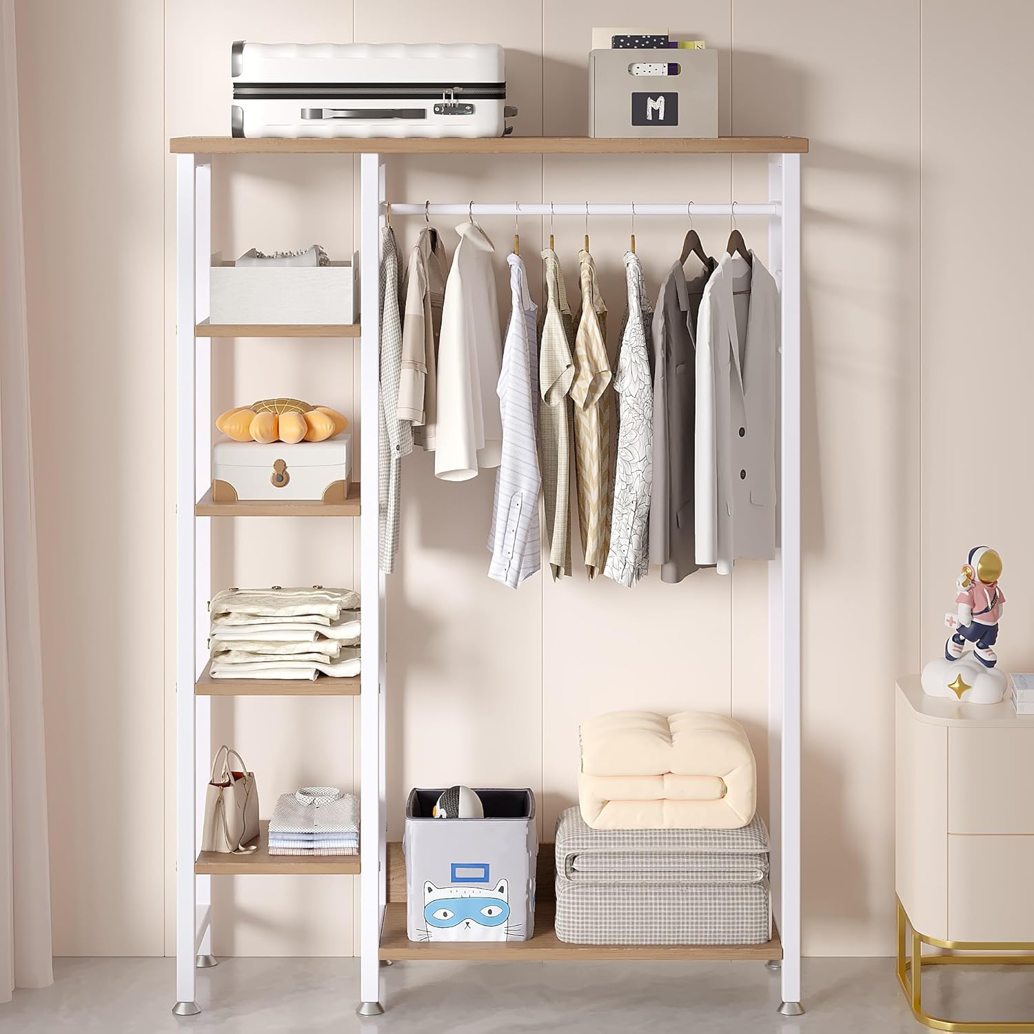 VECELO Open Garment Clothing Rack, Free-Standing Heavy Duty Storage Closet with 5 Shelves and Hanging Rod for Small Spaces, Max Load 350LBS, White Oak - Image 6