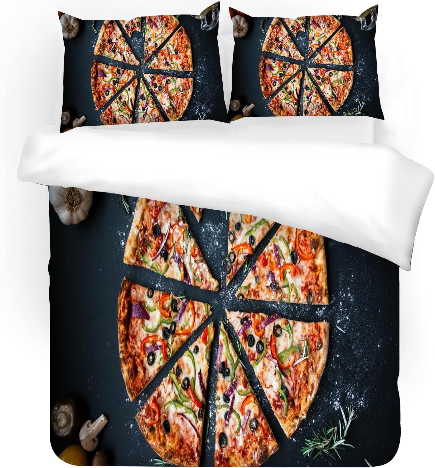 Zestaw pościeli z nadrukiem pizzy w rozmiarze Super King Size 3 szt. miękka poszewka na kołdrę z mikrofibry z 2 poszewkami na poduszki i zamkiem błyskawicznym 260 x 220 cm, można prać w pralce b. 2020