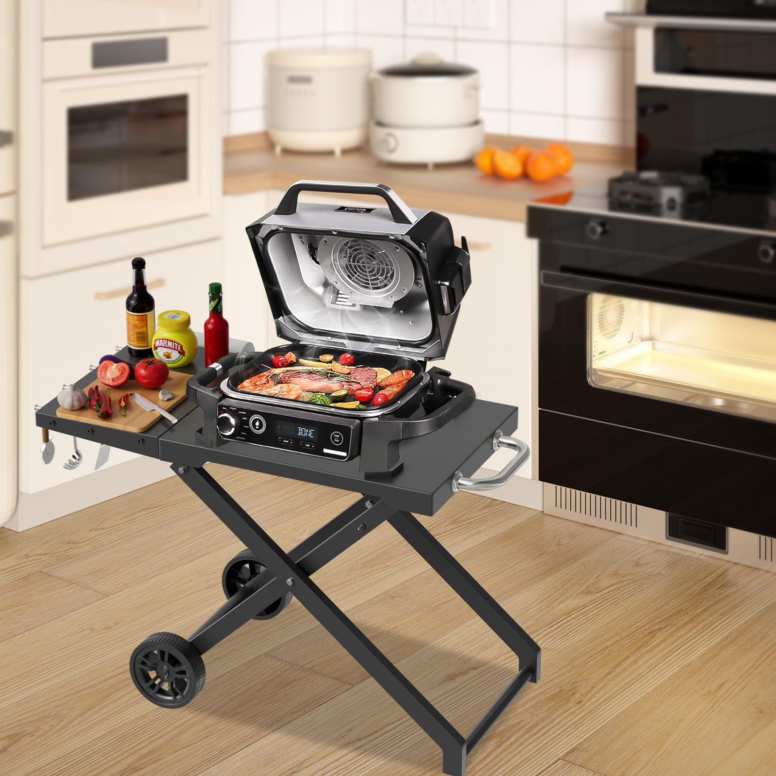 WELL GRILL Ständer Faltbarer Grillständer für Ninja Woodfire OG700 Series, BBQ Grilltisch Grillwagen mit Beistelltisch für Ninja Zubehör Elektrogrill OG701EU CI100EU CB350EU