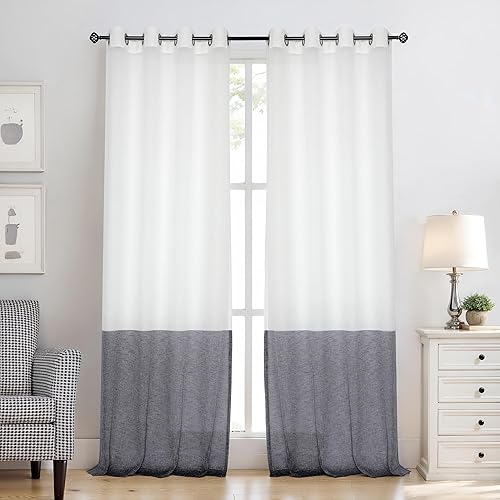 Panel de cortina transparente de color blanco y negro con ojales en la parte superior, tratamiento de lino de 84 pulgadas de largo para dormitorio,