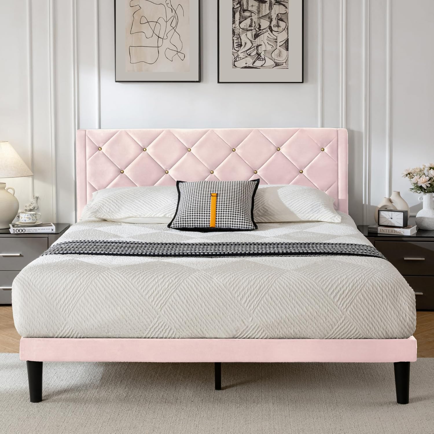 Queen Size Platform Bed Frame with Velvet Upholstered Headboard and Sturdy Wooden Slats Support,Mattress Foundation?Easy Assembly, No Box Spring Needed,Slip Resistant (Pink, Queen) Pink Queen