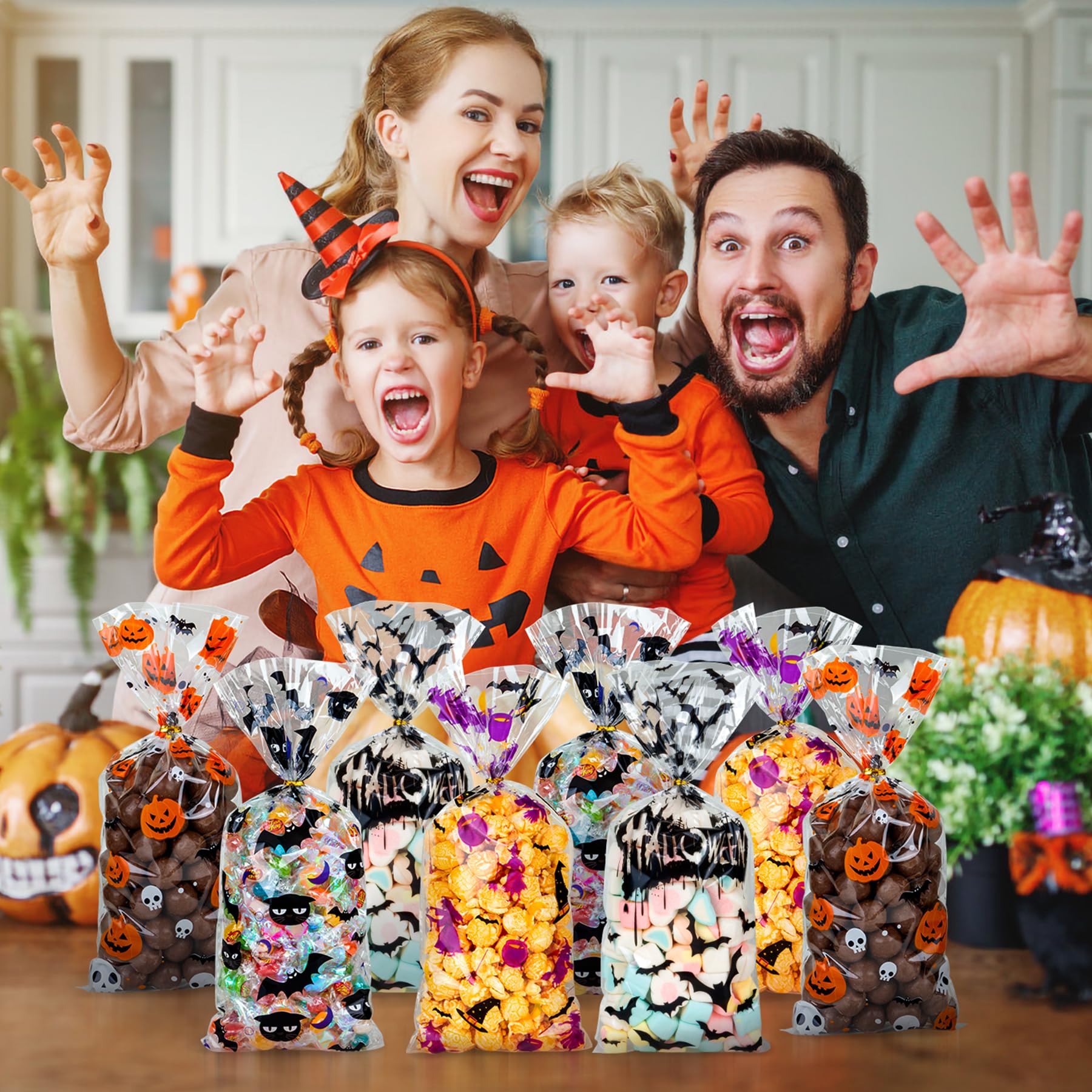 RICEDUO Torebki na słodycze na Halloween, 100 sztuk, przezroczyste torebki na słodycze, słodkie słodycze, torebki na prezent z twist krawaty, torebki na Halloween, upominki dla dzieci, Halloween