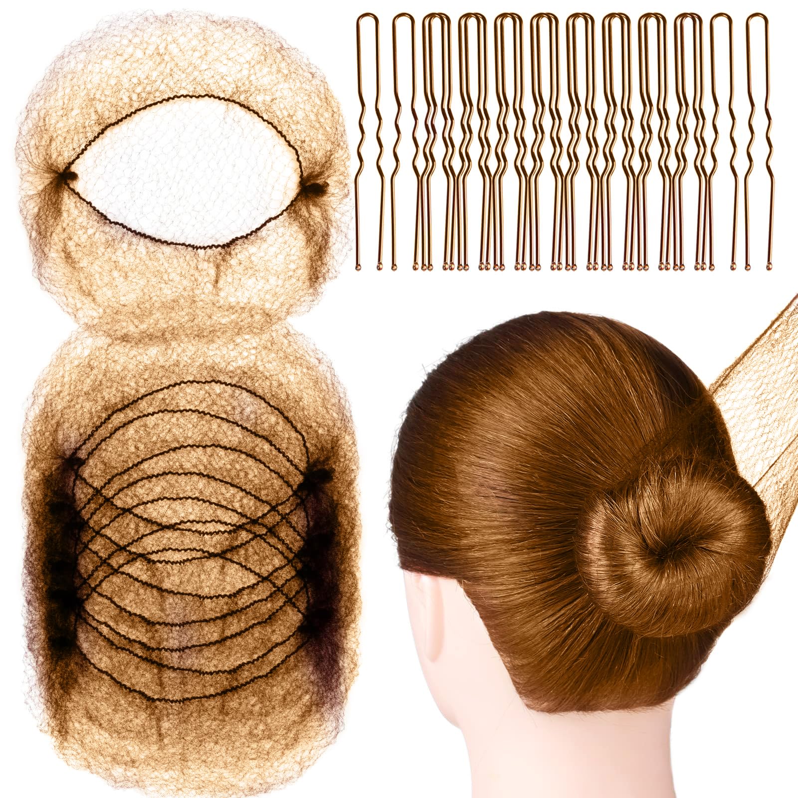 20 Pezzi Retina per Capelli Chignon, con 40 Forcine per Capelli Forma U,Retine Per Capelli Chignon Set, Chignon Bambina Per Capelli,per Capelli per Cameriera Infermiera Hostess,Braun
