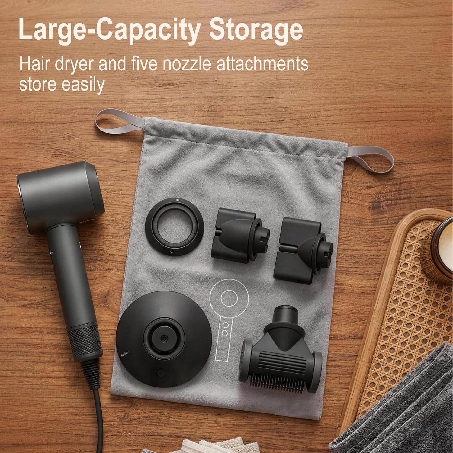 3 Pack Hair Dryer Bag with Double Layer, Grey Large Blow Dryer Bag for Travel and Home Storage, Heavy Duty Drawstring Hair Dryer Storage Bag for Attachments and Styling Tools (9.8" x 13")