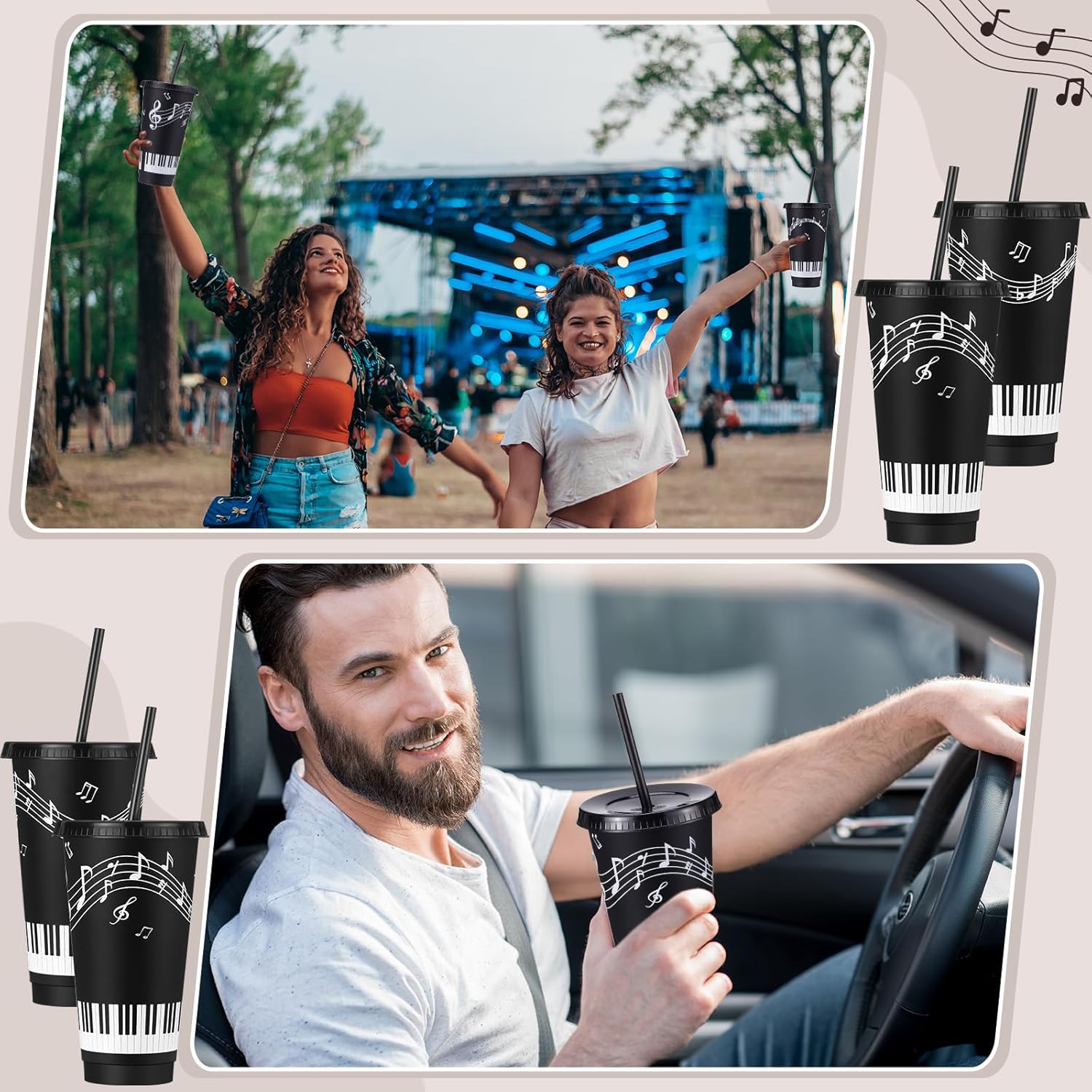 12 Pcs Musical Themed Plastic Cups 24 oz Reusable Piano Notes Tumbler with Lids and Straws Juice Drinking Cups for Music Lover Choir Birthday Party Favors - Image 4