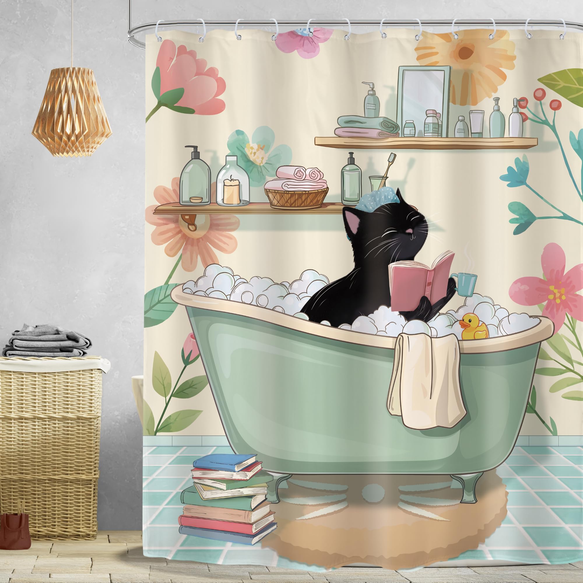 Rideau de douche chat noir mignon avec chiot dessin animé en tissu imperméable 150x180