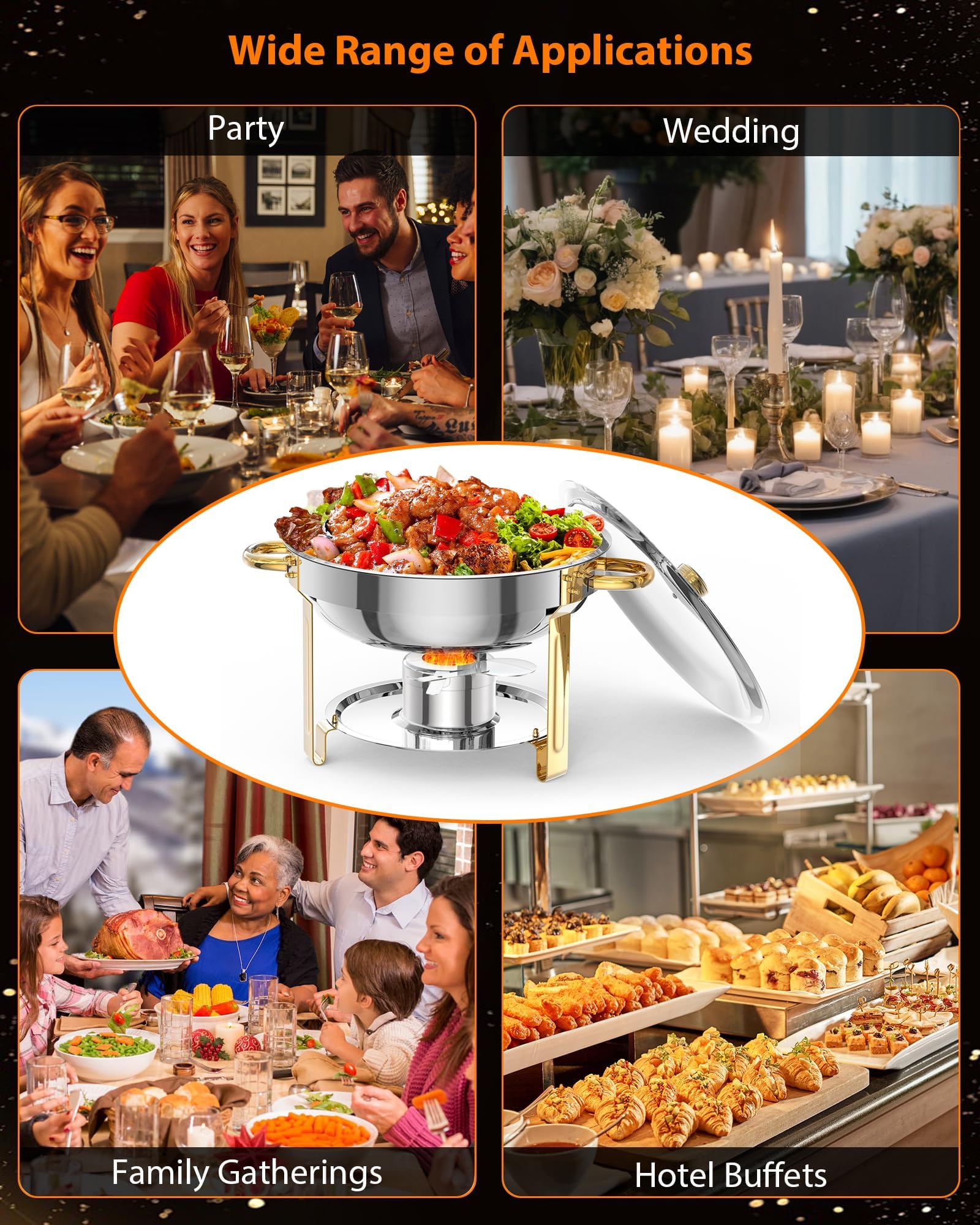 Garvee Juego de 2 platos de cocina redondos de 5 litros para catering, calentadores de alimentos de acero inoxidable con tapas, sartenes de alimentos y soporte de combustible para restaurante