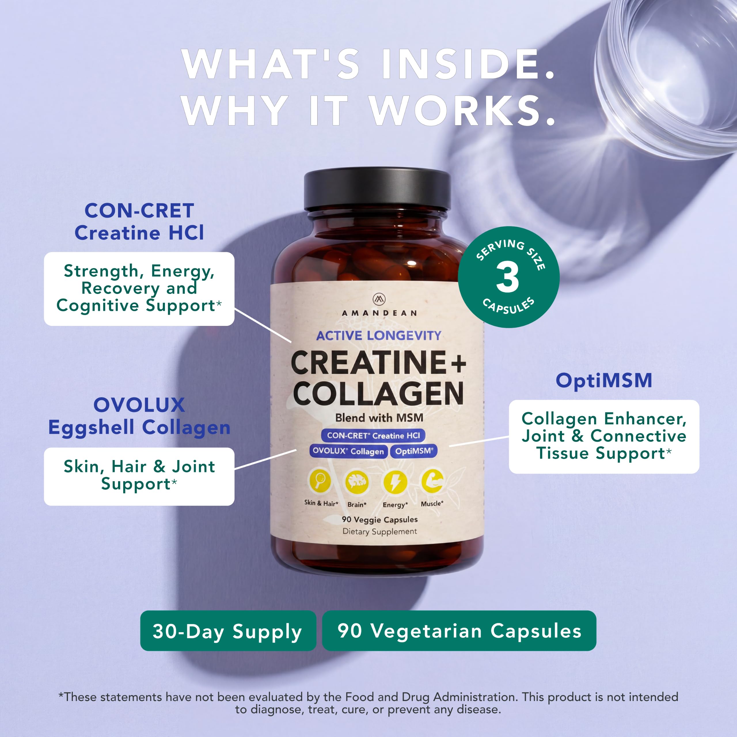 AMANDEAN Creatine HCl + Collagen + MSM Capsules, CON-CRET & OptiMSM, 90ct — Amazon image 5