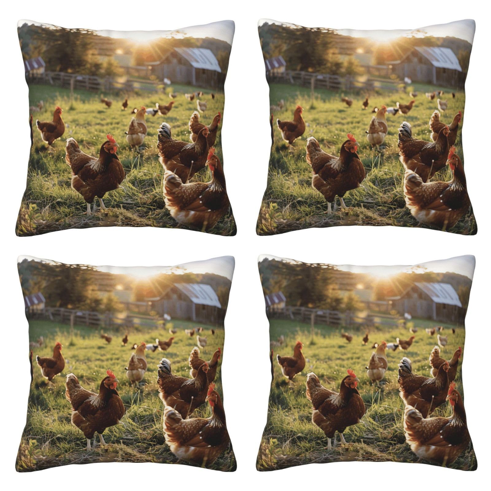 Chickens and Farm Throw Pillow Cases 4 Pack Square Pillowcases Super Soft Pillow Protectors With Zipper for Couch Livingroom Sofa Bed Office Car,50x50 CM