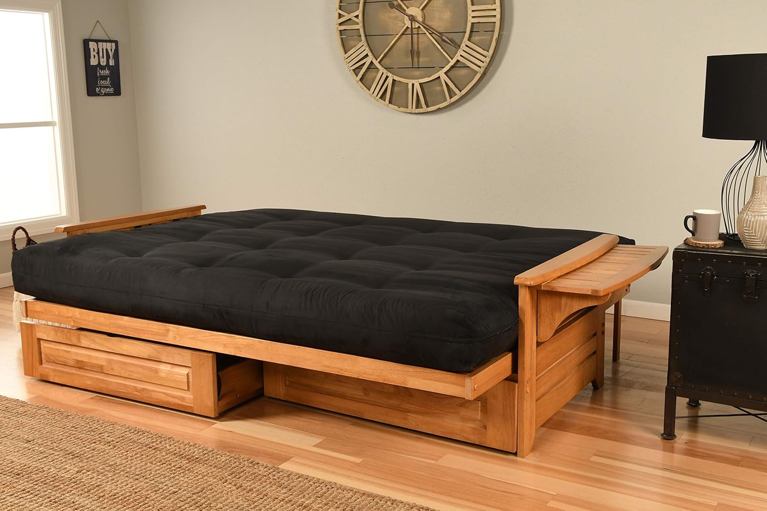 Queen Size Phoenix Wood Frame, Drawers and 8 inch Mattress Set Honey Brown Finish w/Folding Trays Living Room or Den (Frame w/Black Mattress w/Drawers)