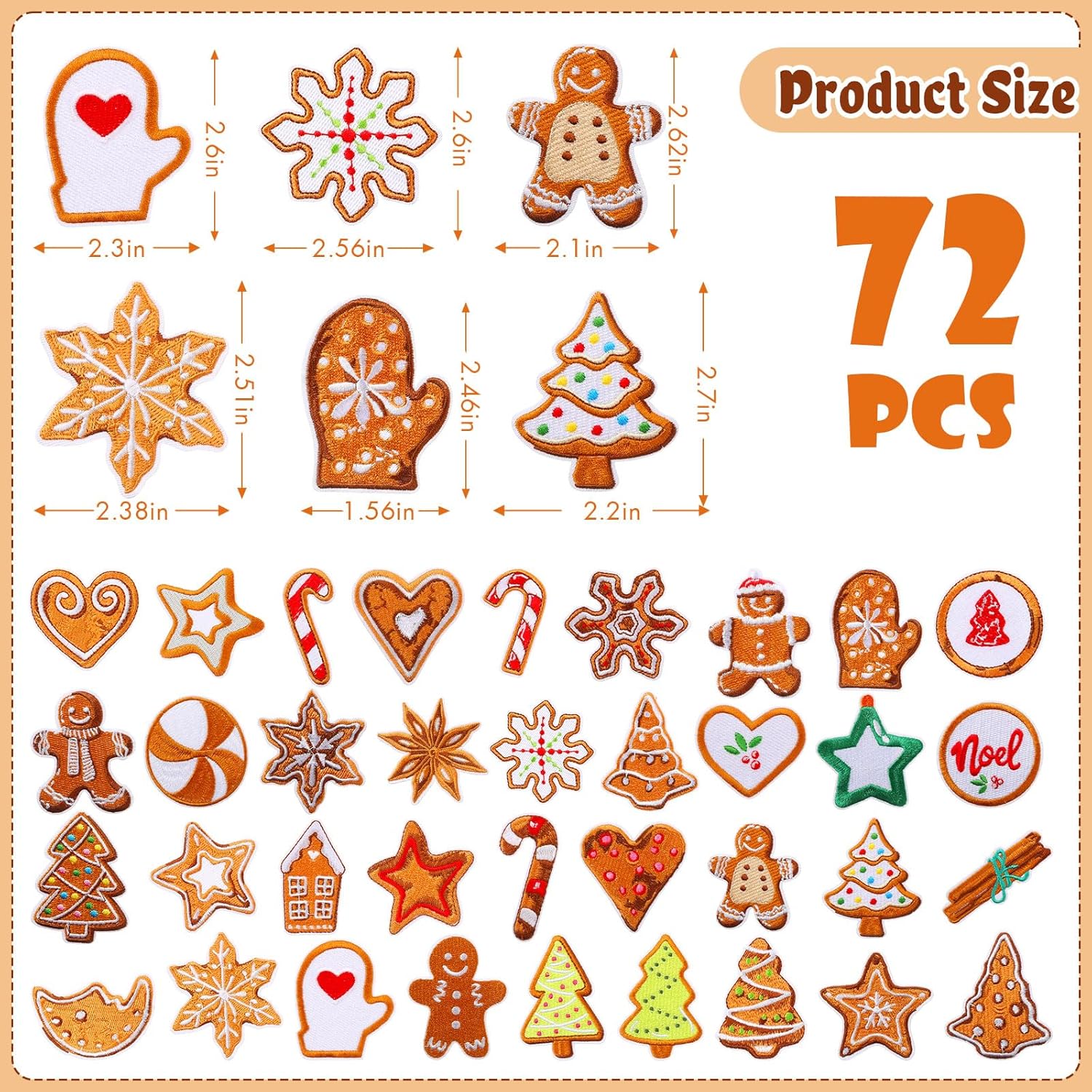 Suncalla 72 Pcs Christmas Iron on Patches Bulk DIY Embroidered Sew Applique for Hats Funny Christmas Gift for Clothing Jacket Jean Backpack Craft Xmas Decorations Party Favor Supplies(Gingerbread)