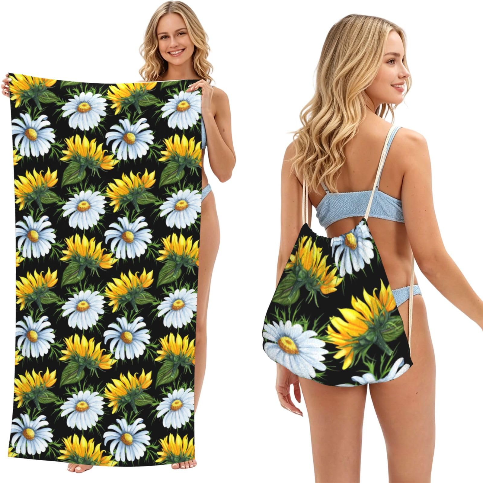 Poadnly As Picture Sunflower Daisy, 2 In 1 Packable Towel Bag, Beach Towels With Drawstring Backpack For Travel Holiday Camping