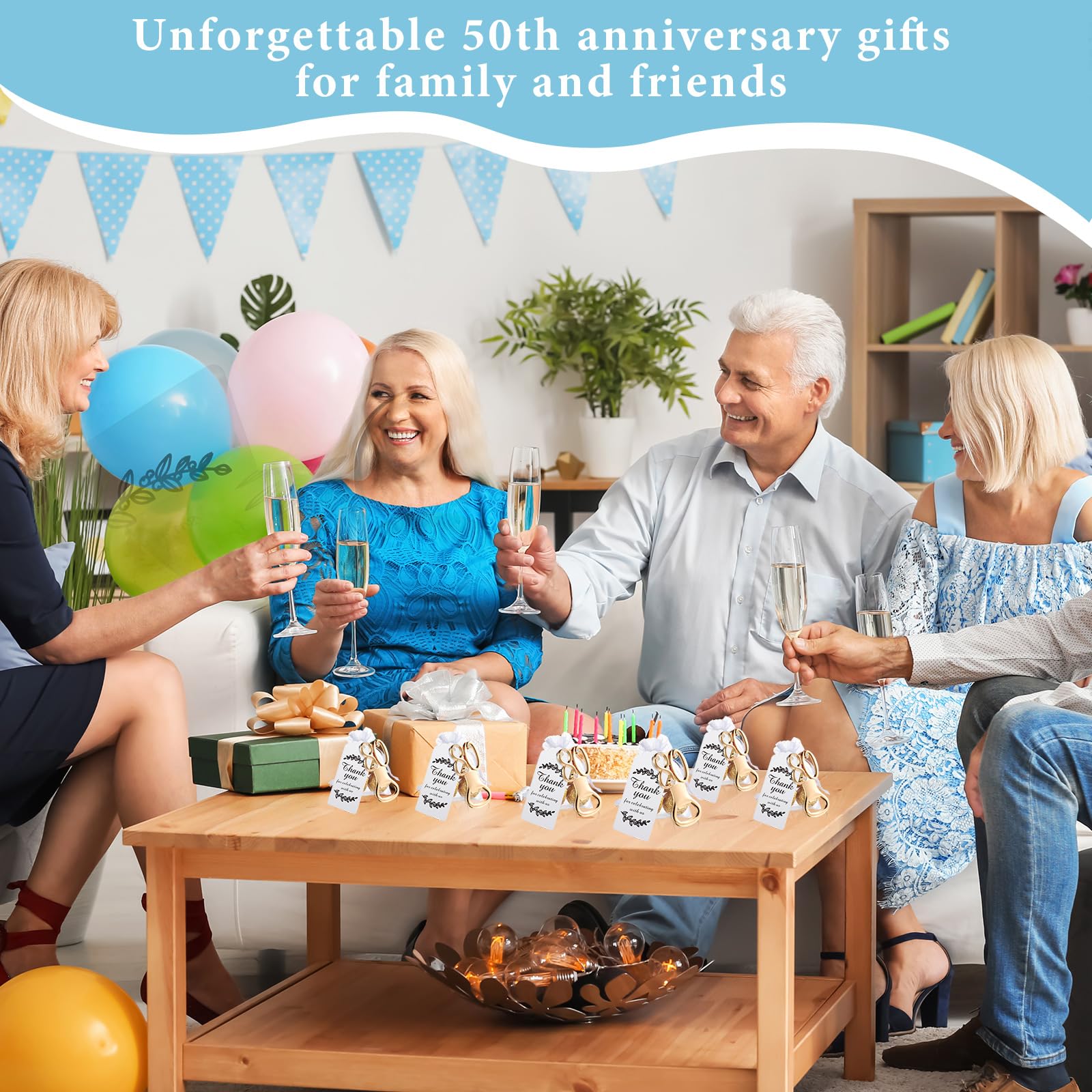 Set di 50 apribottiglie dorati, per feste di compleanno, con sacchetti in organza trasparente, etichette di ringraziamento, compleanni, matrimoni, anniversari, souvenir, bomboniere, decorazioni per