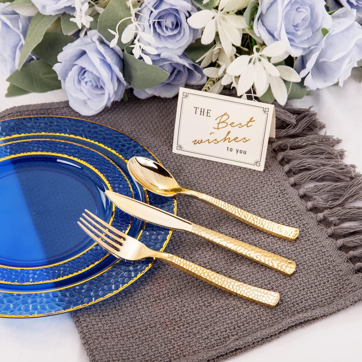 Nervure 150PCS Clear Blue Plastic Plates - Gold Party Plates - Blue and Gold Dinnerware Set Include: 50 Disposable Plate, 25Cups, 25Forks, 25Knives, 25Spoons for Wedding & Party & Hanukkah - Image 3