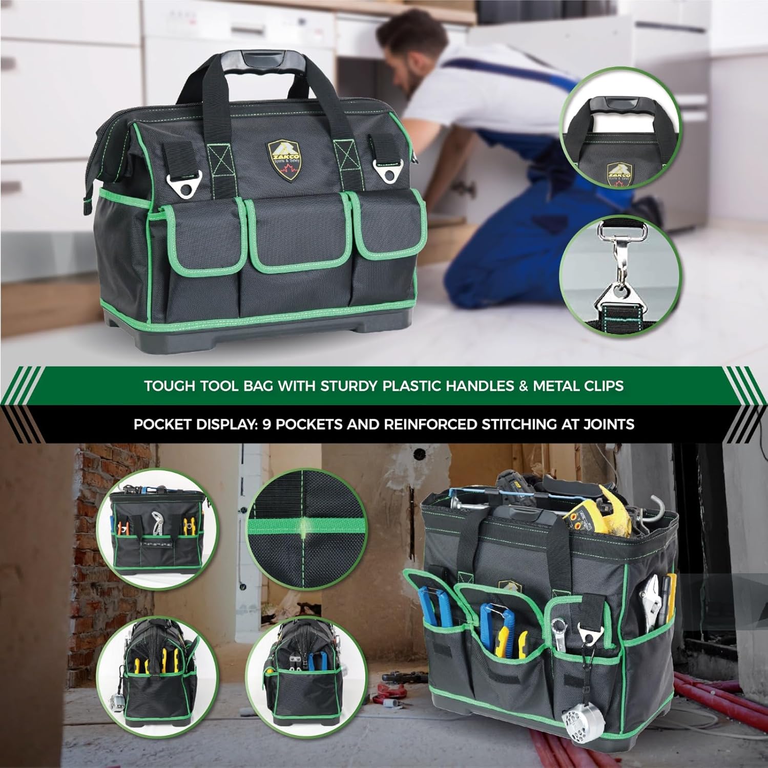 ZAKCO 16 inches Top Opening Tool Tote, 1680D Durable Tool Organizer for Plumber, Electrician, Handyman, HVAC Technicians Tool Bag, Tool Carrying Case with Padded Strap, Green