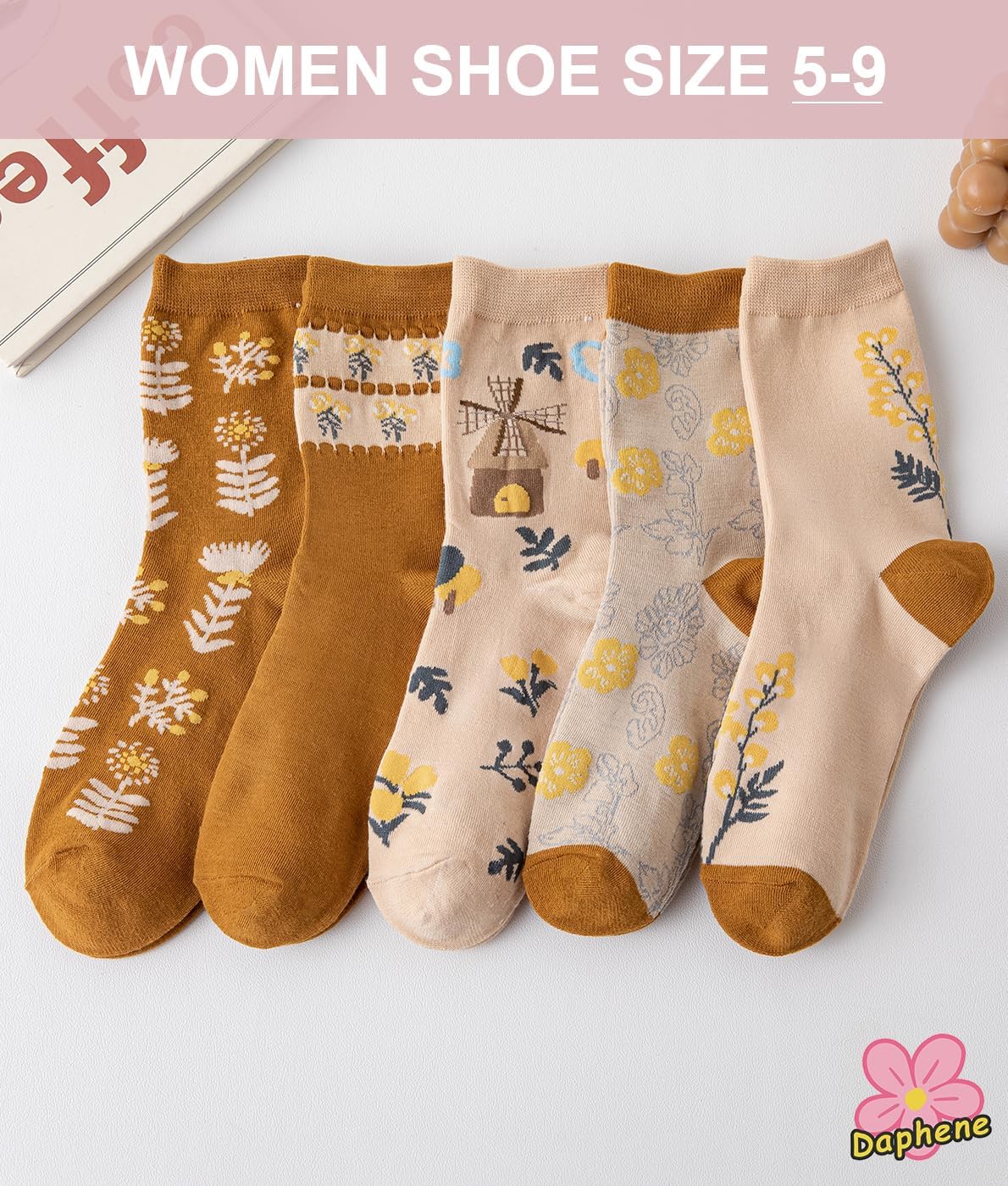 Daphene Womens Retro Floral Socks | Cozy Cotton Vintage Jacquard Patterns | Stretch Breathable Skin-Friendly | Holiday Gift - Image 3