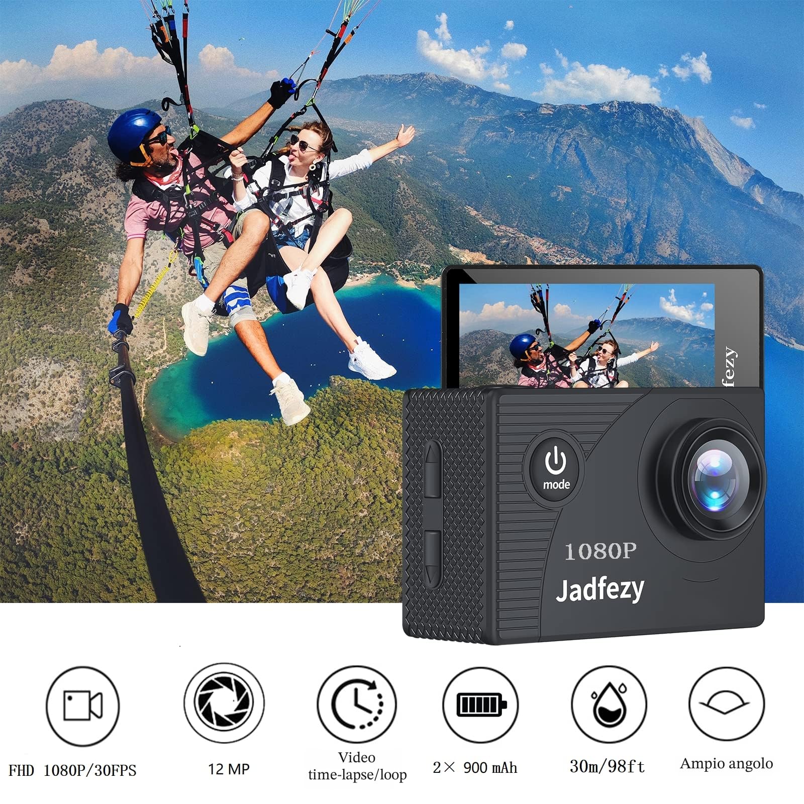 Action Cam 1080P con scheda da 32 GB, Macchina Fotografica Subacquea impermeabile 30M, Fotocamera Subacquea con Due 900mAh Batterie Ricaricabili e Kit Accessori