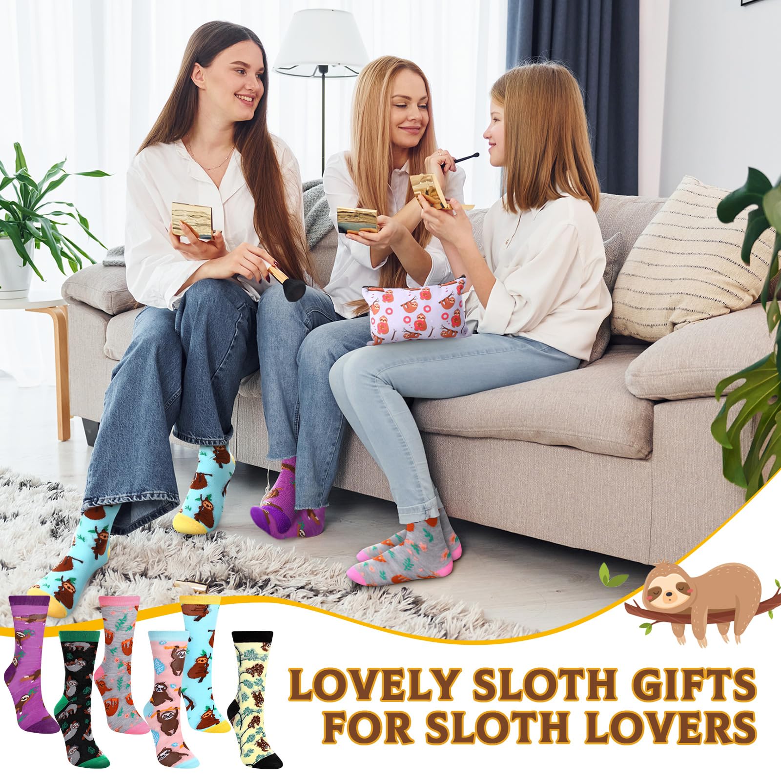 Yeyeplum 18 Pcs Sloth Gifts for Sloth Lovers, Sloth Gifts for Women, Sloth Gifts and Stationery, Cute Sloth Print Makeup Bag Sloth Sticky Notes 3''x4'' Memo Pads Novelty Sloth Socks Birthday Gift