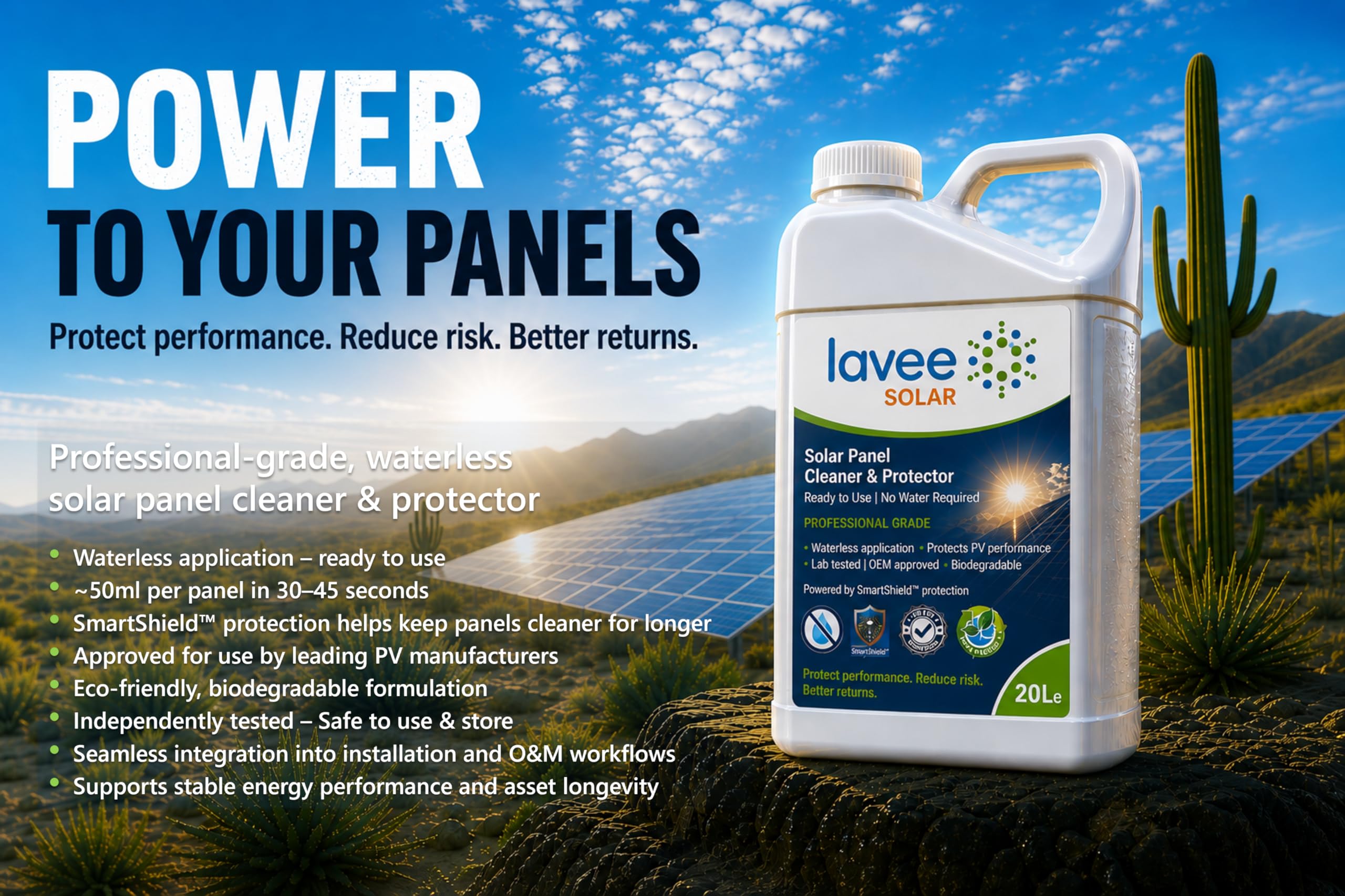 Nettoyant & Protecteur pour Panneaux Solaires sans Eau, 5L | Technologie Anti Saleté SmartShield | Prêt à l'Emploi | Biodégradable | Approuvé par les Fabricants PV | Nettoie ~100 Panneaux
