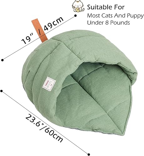 Cat Sleeping Bag,Linen Fabric Cat Bed Cave Leaf Nest — side view showing full product dimensions