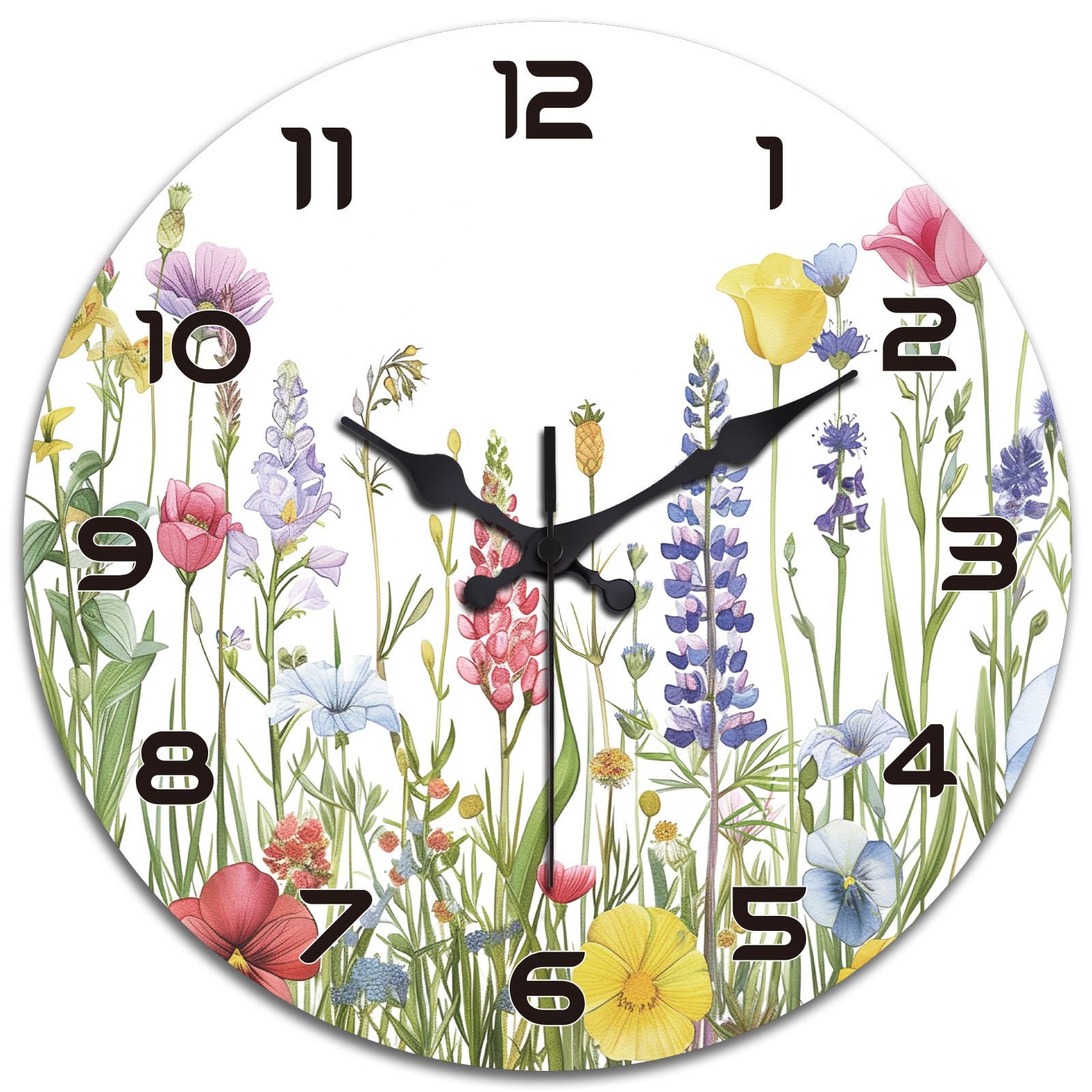 peacoblue Wall Clocks Battery Operated Wildflowers 30cm Glass Wall Clock Non Ticking for Kitchen Living Room Dining Room Bedroom and Bathroom Decor Accessories (battery not included)