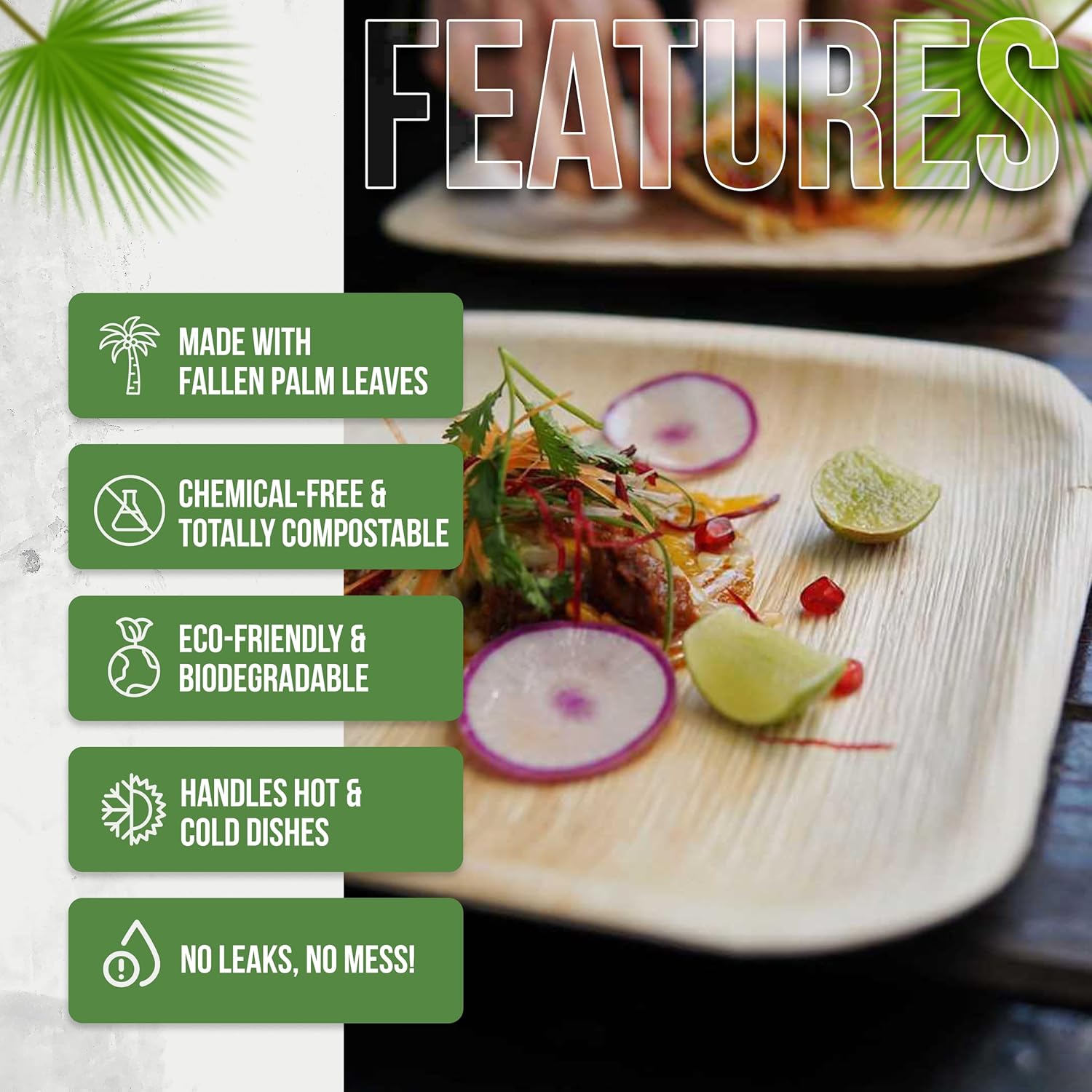 Palm Leaf Plates 10 Inch & 7 Inch (50-Pack), Square Bamboo Plates Disposable, Eco-Friendly, Biodegradable & Compostable Bamboo Appetizer Plates, Perfect Dinnerware for Desserts, Snacks, & Parties - Image 3